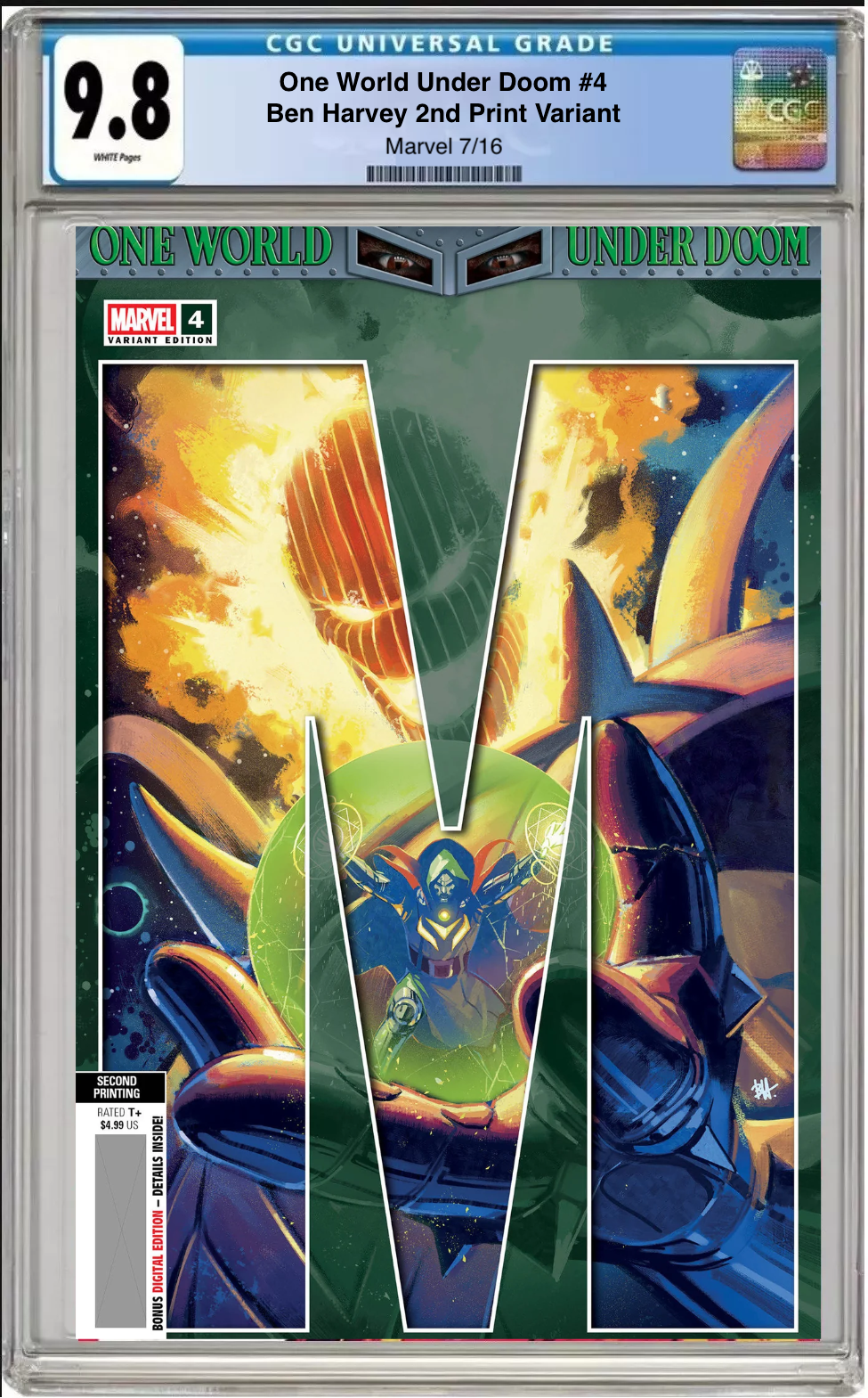 Comic book cover of &#39;One World Under Doom #4&#39; with a CGC grading label on top.