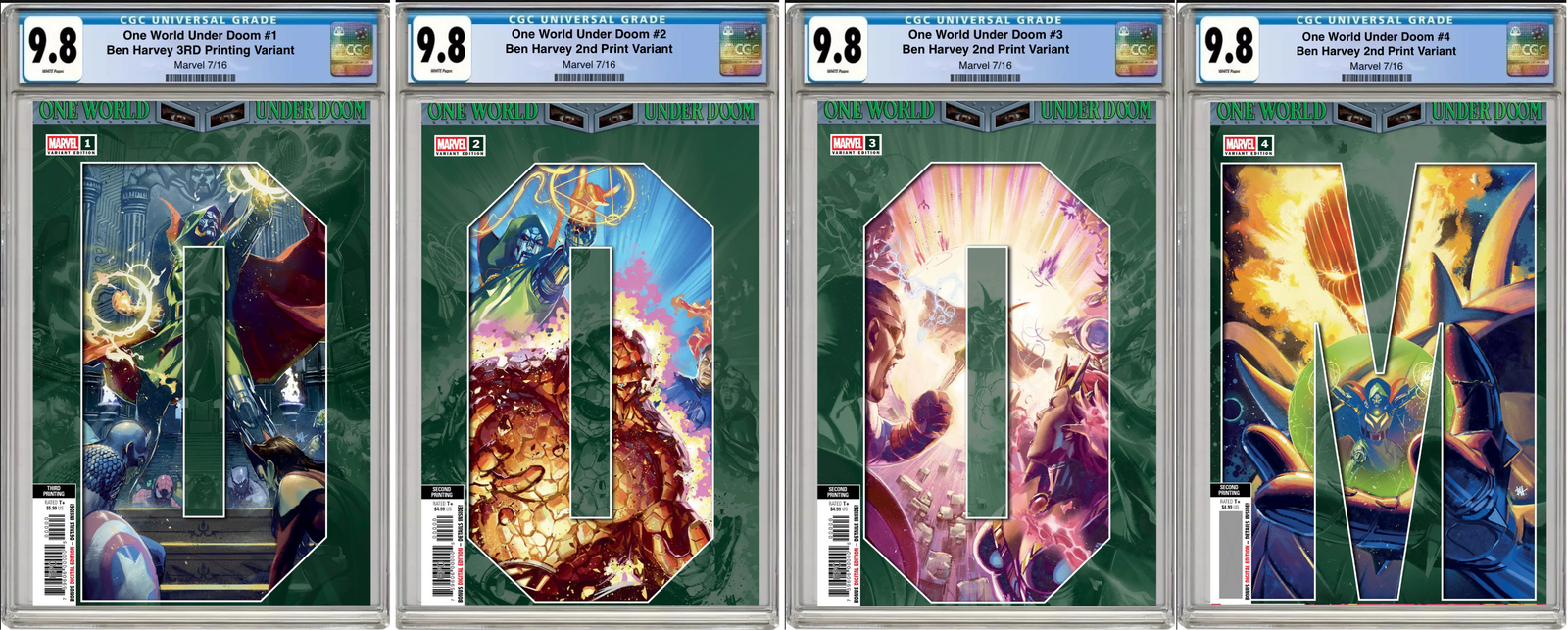 One World Under Doom issues #1 to #4 with Ben Harvey covers, CGC 9.8 graded reprint comic set