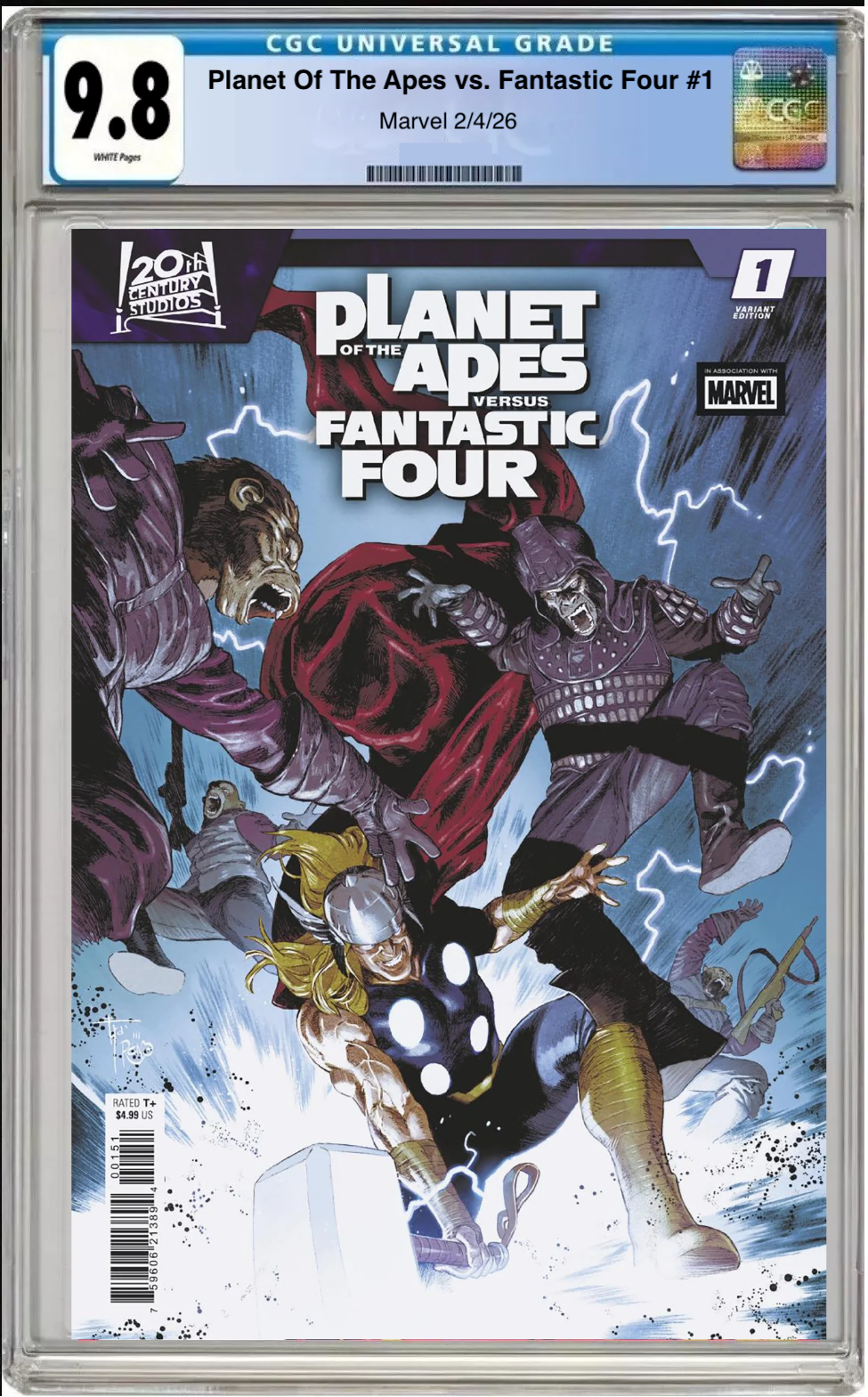 Comic book cover of Planet of the Apes vs. Fantastic Four #1 Francesco Mobil Versus Cover with CGC grading label.