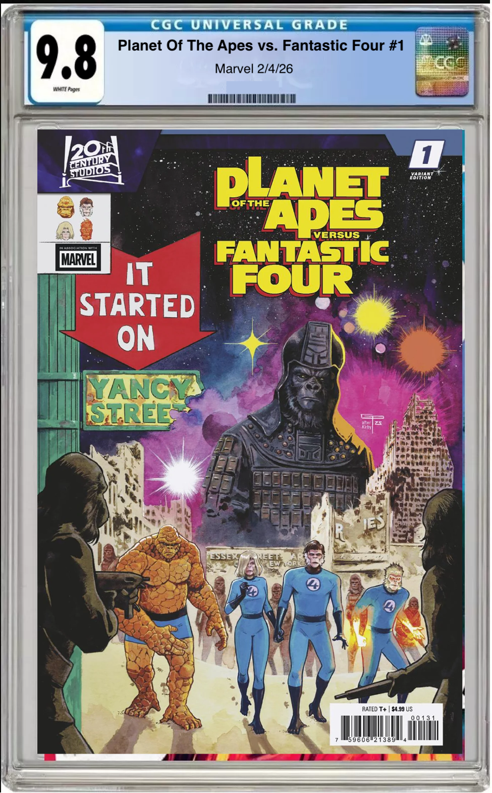 Comic book cover of Planet of the Apes vs. Fantastic Four #1 German Peralta Homage Cover with CGC grading label.