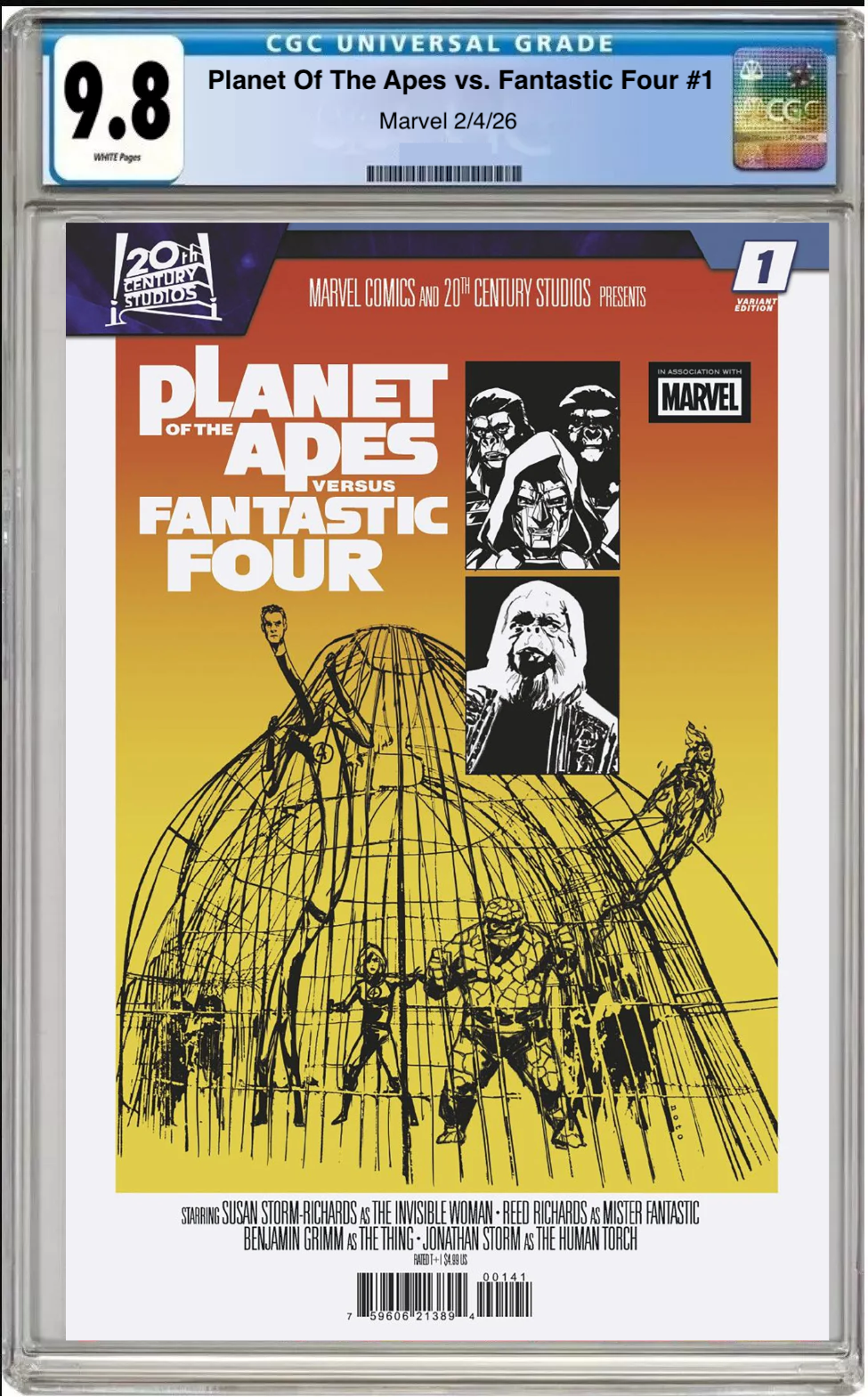 Comic book cover of Planet of the Apes vs. Fantastic Four #1 Phil Noto Movie Homage Cover with CGC grading label.
