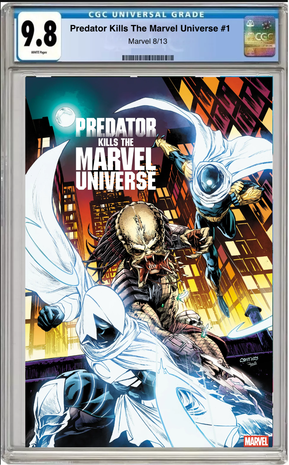 Comic book cover of Predator Kills the Marvel Universe #1 Cory Smith Hunting the Hunters Cover with CGC grading label.