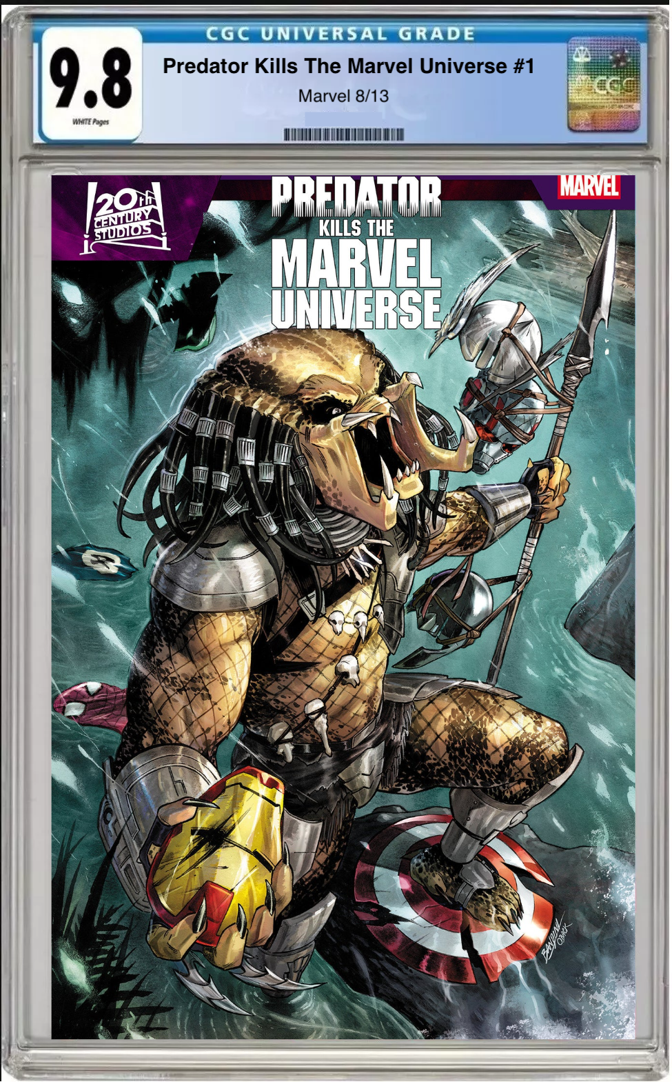 Comic book cover of Predator Kills the Marvel Universe #1 Michele Bandini Foil Cover with CGC grading label.