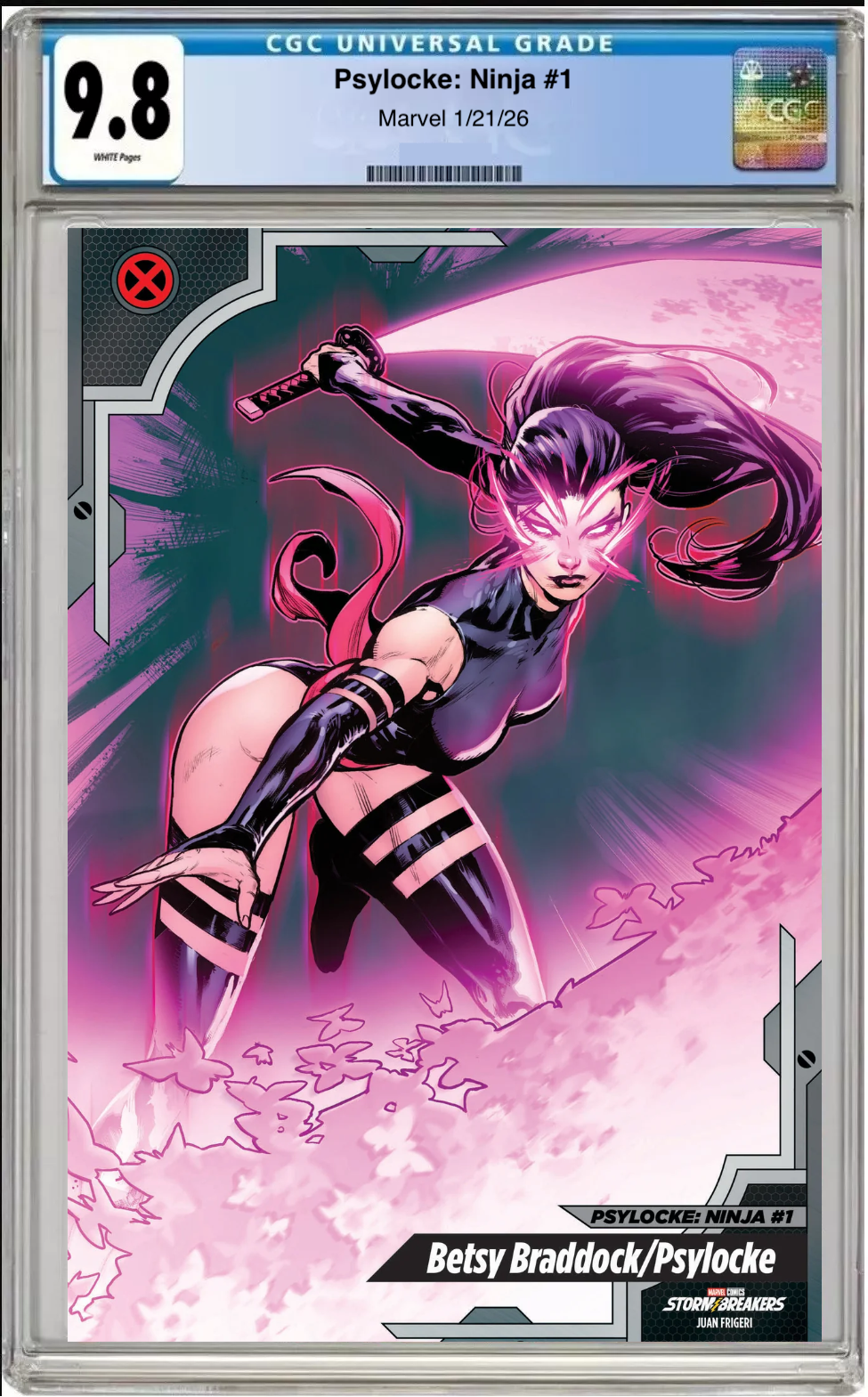 Comic book cover of Psylocke: Ninja #1 Juan Frigeri X-Men Trading Card Cover with CGC grading label.