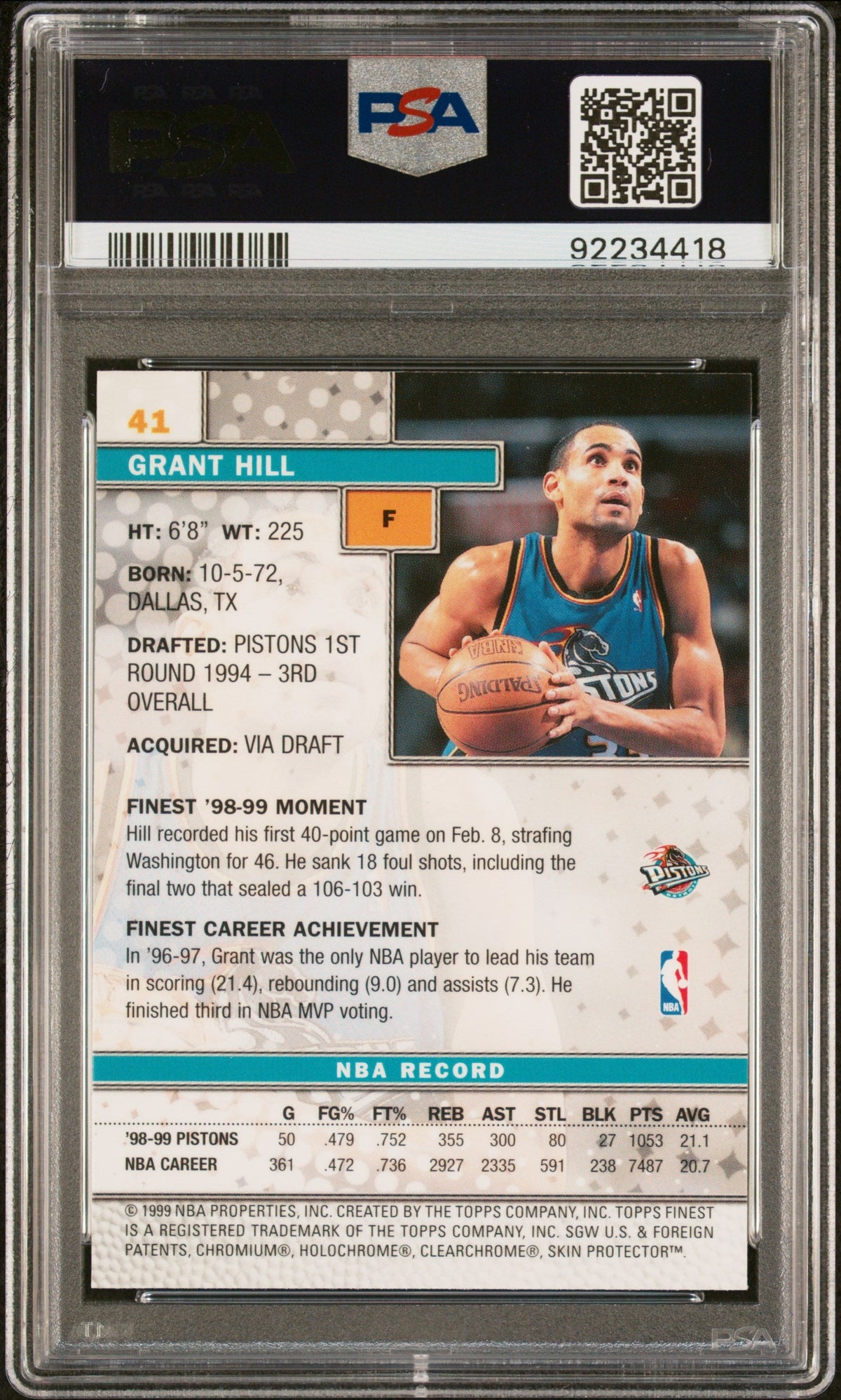 1999 FINEST GRANT HILL  #41 - PSA 10