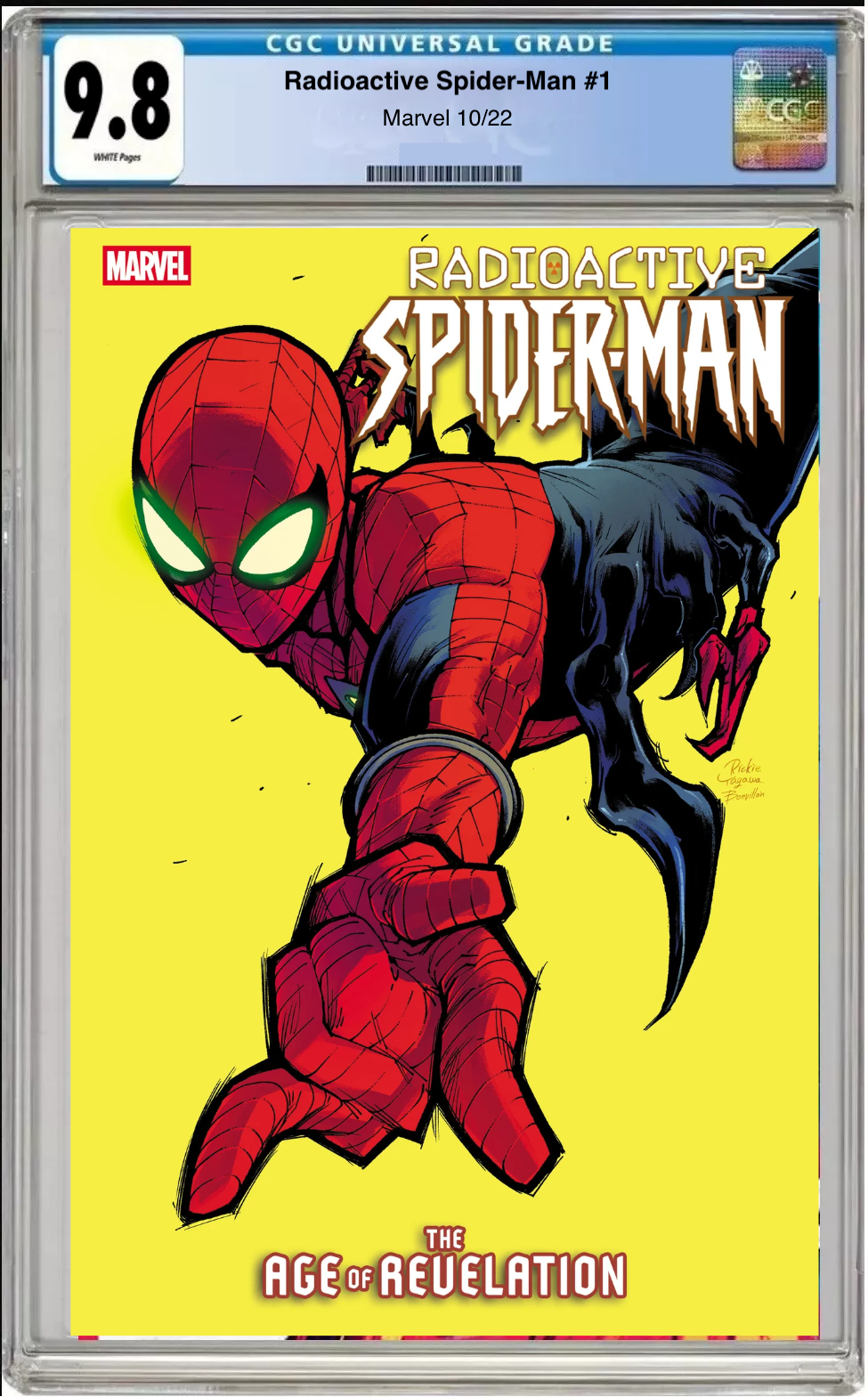Comic book cover of Radioactive Spider-Man #1 Rickie Yagawa Cover with CGC 9.8 grading label.