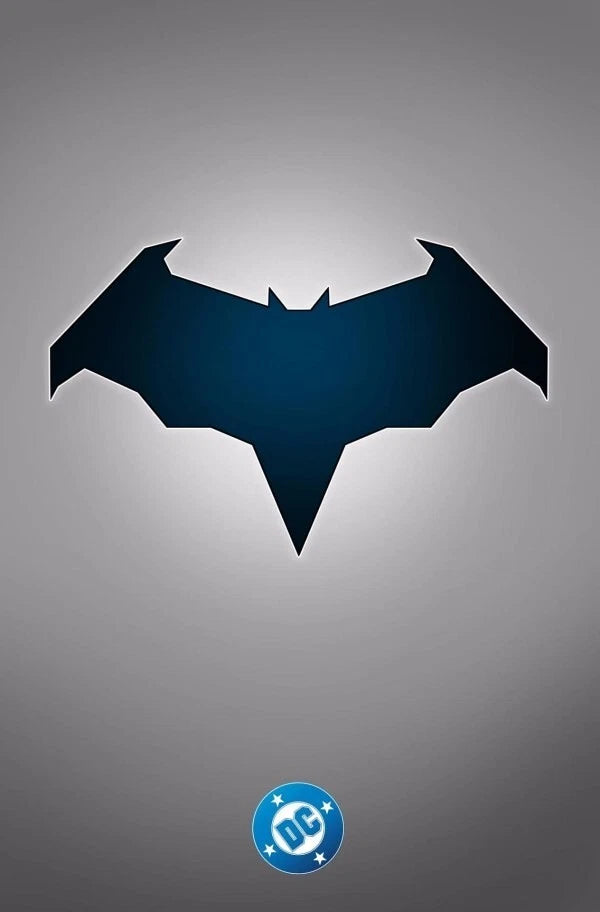 Batman logo on a gray background with DC logo at the bottom
