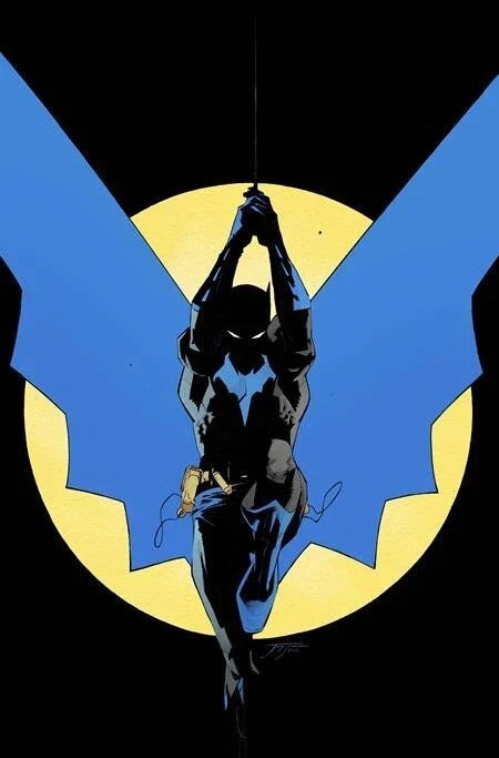 Superhero silhouette with blue cape and yellow circle on black background