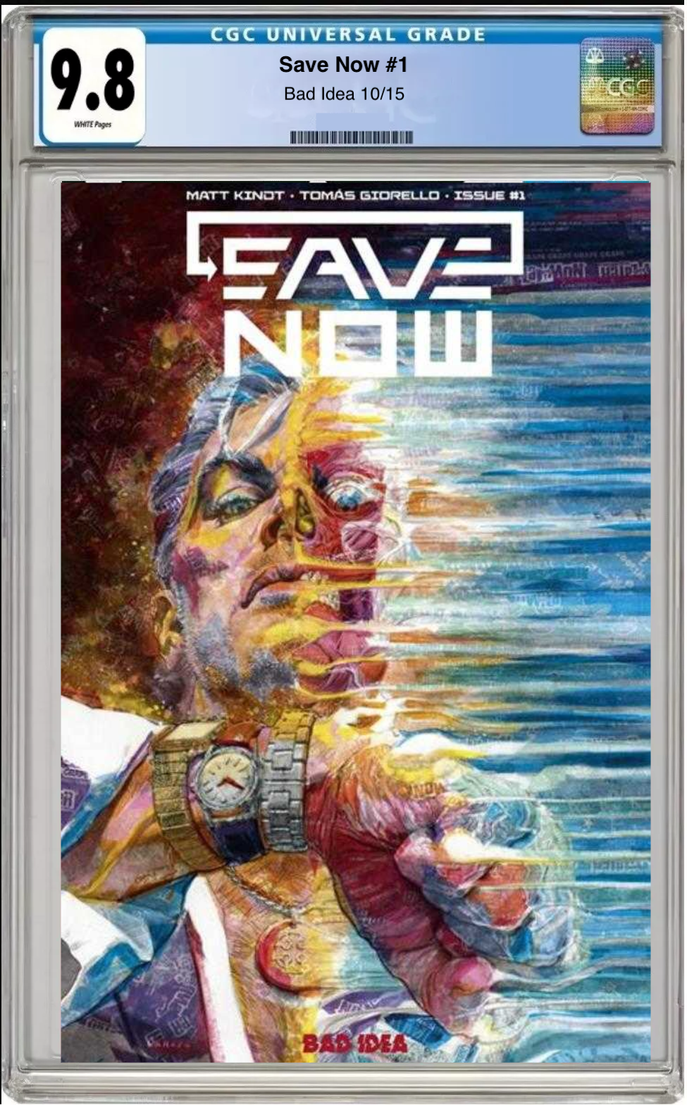 Comic book cover of Save-Now #1 1:20 Variant Candy Wrapper Cover with CGC 9.8 grading label.