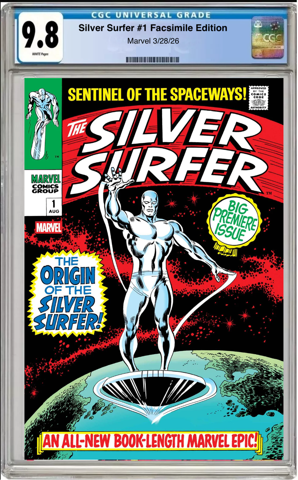 Comic book cover of Silver Surfer #1 Facsimile Edition Foil Cover with CGC grading label.
