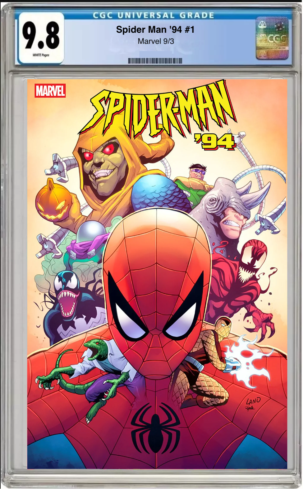 Comic book cover of Spider-Man #94-1 Greg Land Comic Shop Day Cover with CGC 9.8 grading label.
