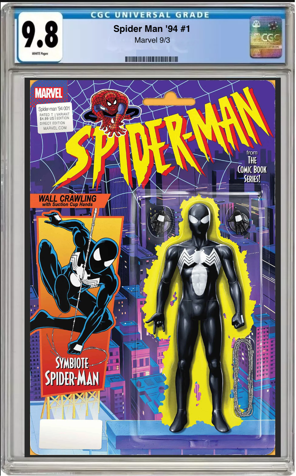 Comic book cover of Spider-Man #94-1 John Tyler Action Figure Cover with CGC 9.8 grading label.