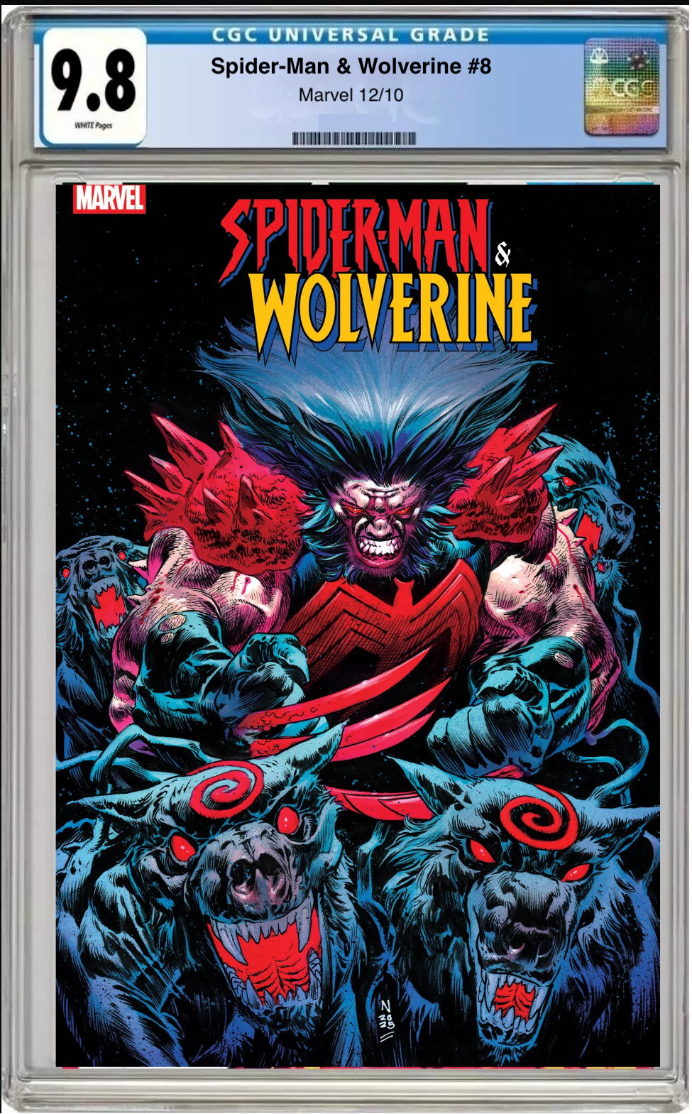 Comic book cover of Spider-Man and Wolverine #8 Nic Klein Knullified Cover with CGC grading label.