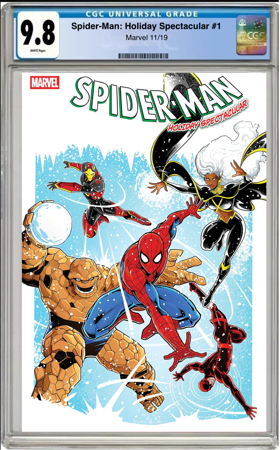 Comic book cover of Spider-Man Holiday Spectacular #1 Ema Lupacchino Cover with CGC grading label.