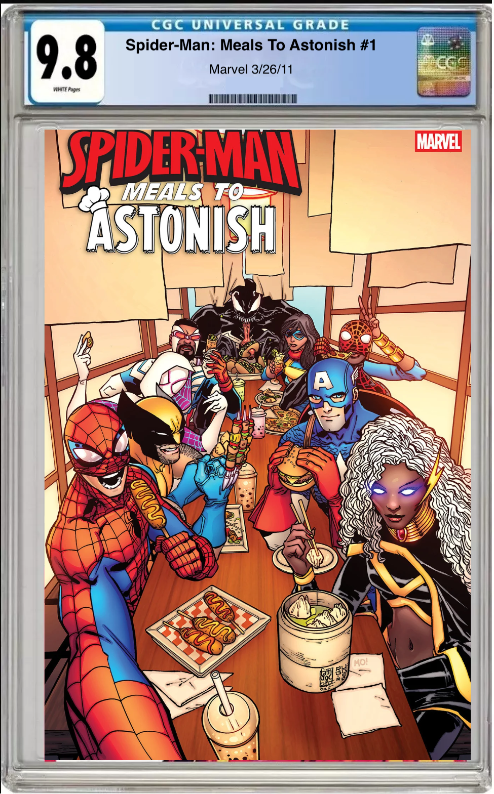 Comic book cover of Spider-Man: Meals to Astonish #1 Main Cover with CGC grading label.