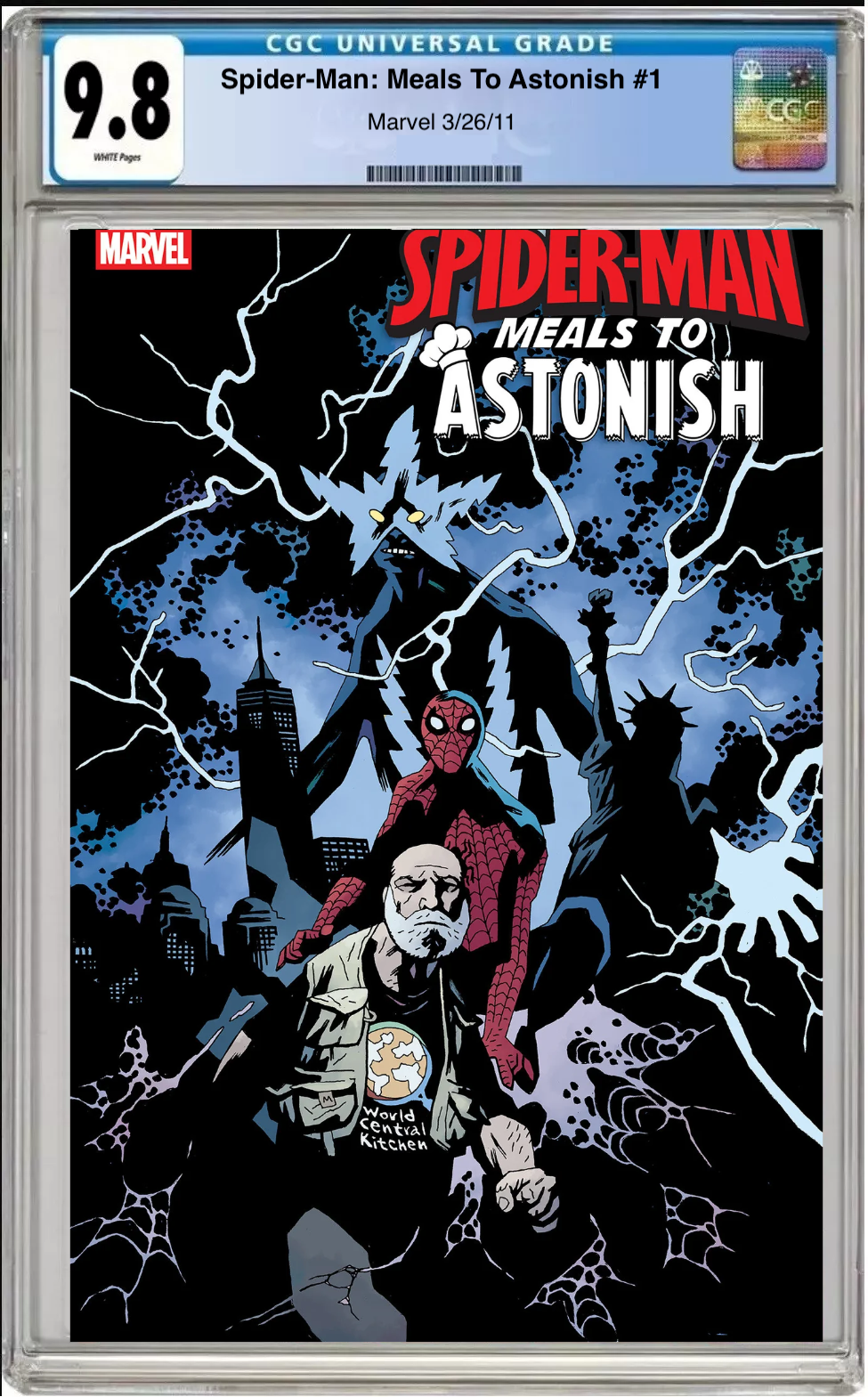 Comic book cover of Spider-Man: Meals to Astonish #1 Main Cover with CGC grading label.