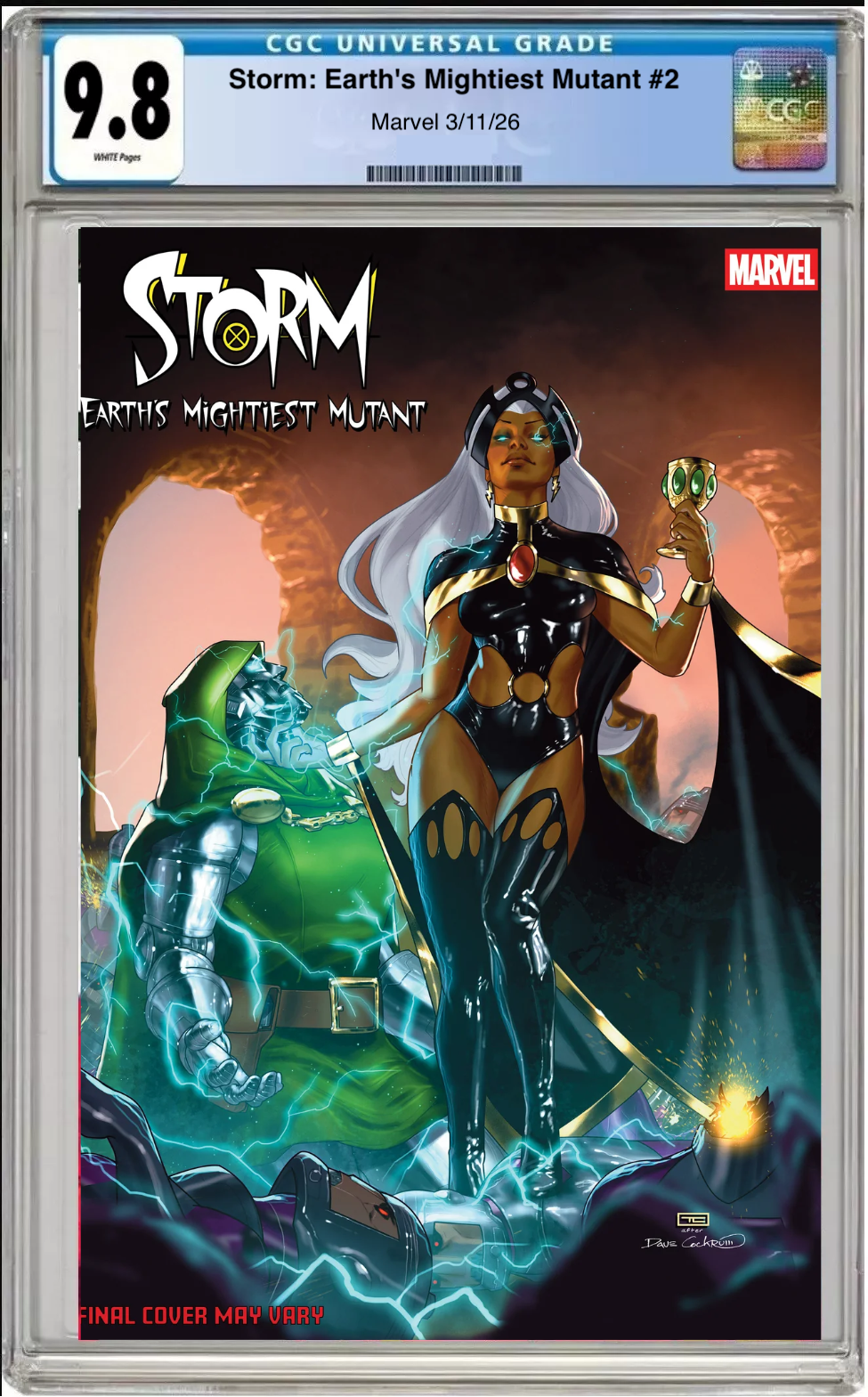 Comic book cover of Storm: Earth’s Mightiest Mutant #2 Taurin Clarke Doom Homage Cover with CGC grading label.