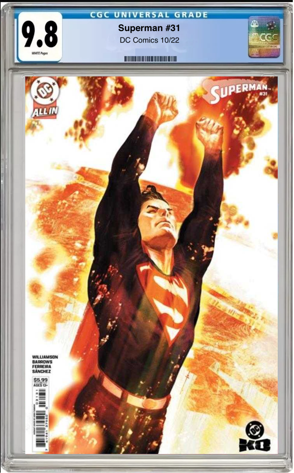 Comic book cover of Superman #31 Cover C Sebastian Fiumara Cover with CGC 9.8 grading label.