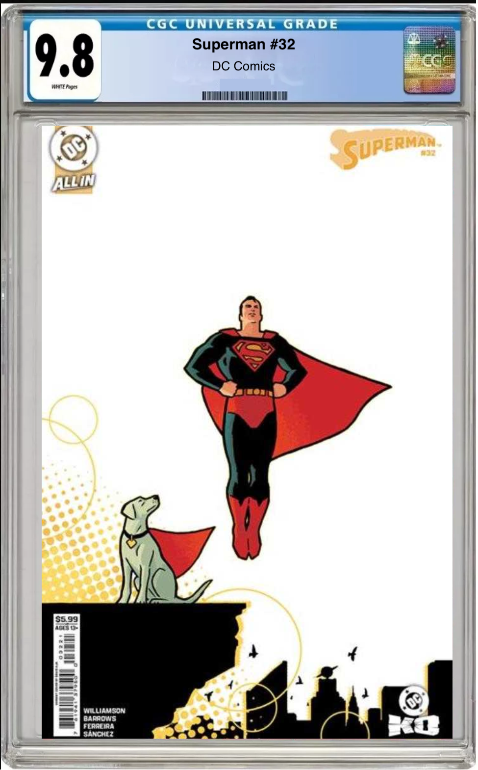 Comic book cover of Superman #32 David Aja Card Stock Cover with CGC grading label.