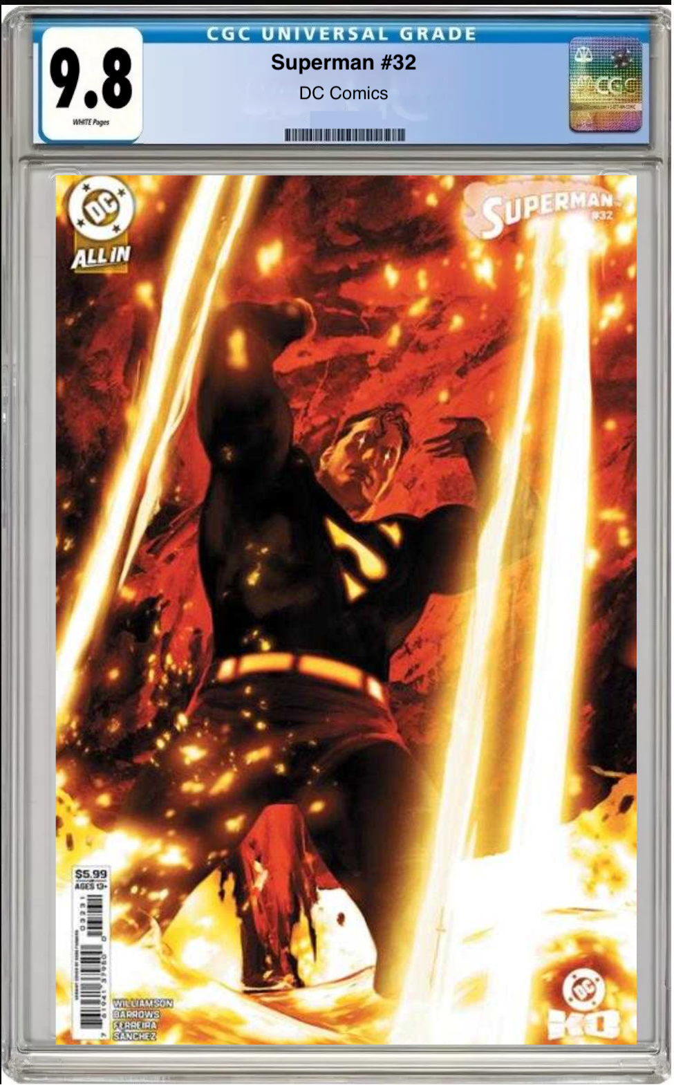 Comic book cover of Superman #32 Sebastian Fiumara Card Stock Cover with CGC grading label.