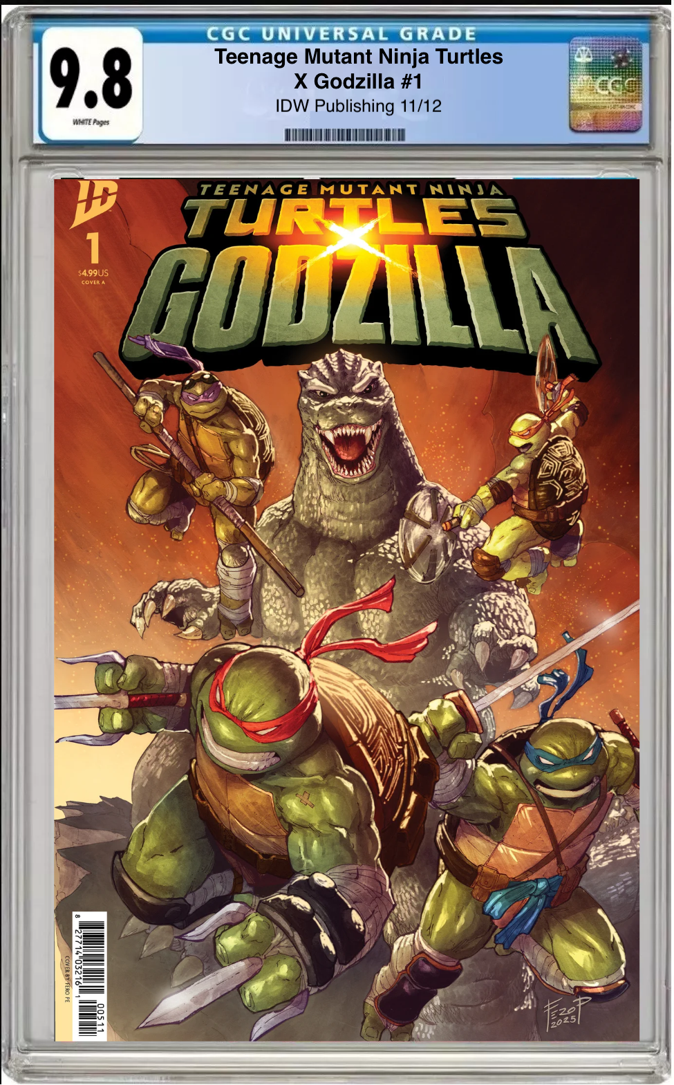 Comic book cover of Teenage Mutant Ninja Turtles x Godzilla #1 Cover A with CGC 9.8 grading label.