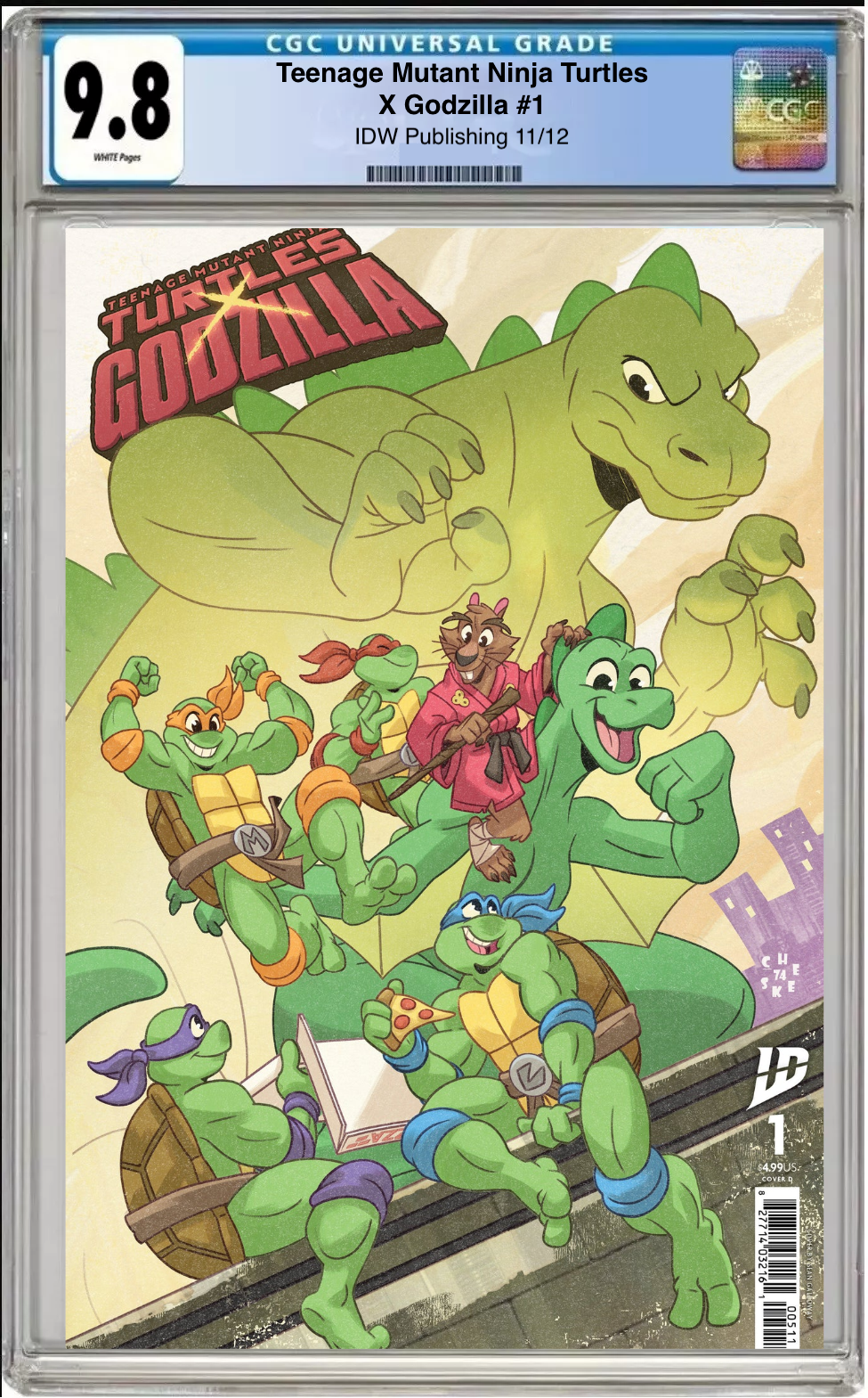 Comic book cover of Teenage Mutant Ninja Turtles x Godzilla #1 Cover D with CGC 9.8 grading label.