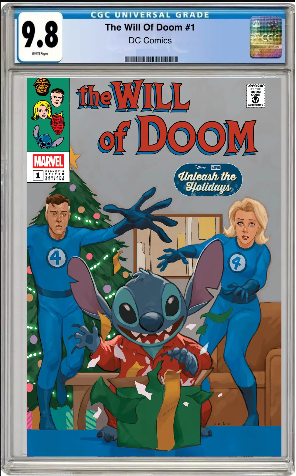 Comic book cover of The Will of Doom #1 Phil Noto Disney Stitch Unleash the Holidays Cover with CGC grading label.