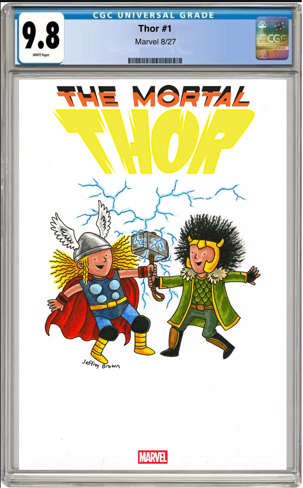 Comic book cover of Thor #1 Jeffrey Brown Cover with CGC 9.8 grading label.