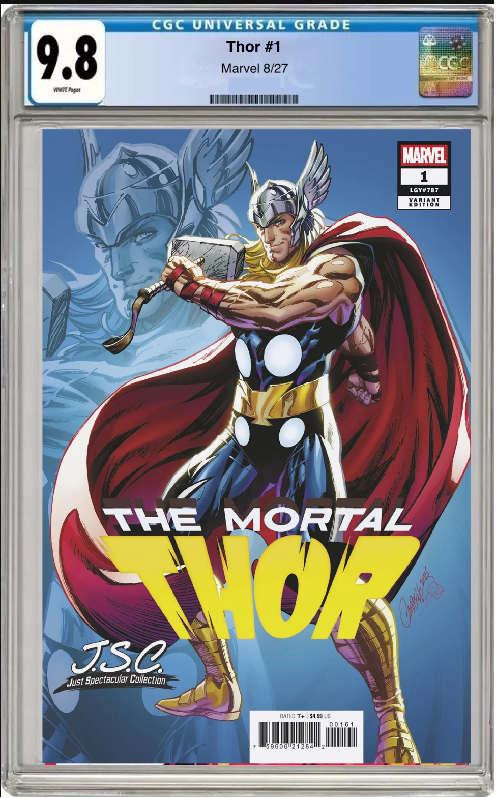 Comic book cover of Thor #1 J. Scott Campbell Spectacular Cover with CGC 9.8 grading label.