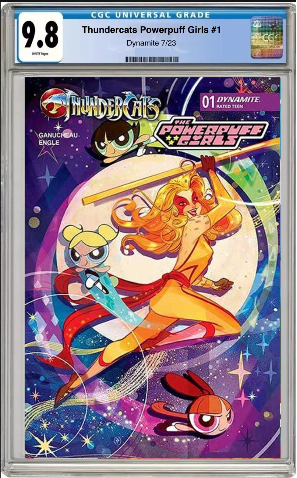 Comic book cover featuring Thundercats and Powerpuff Girls characters with CGC grading label. Thundercats Powerpuff Girls #1 CGC 9.8 Cover E comic book front with CGC label