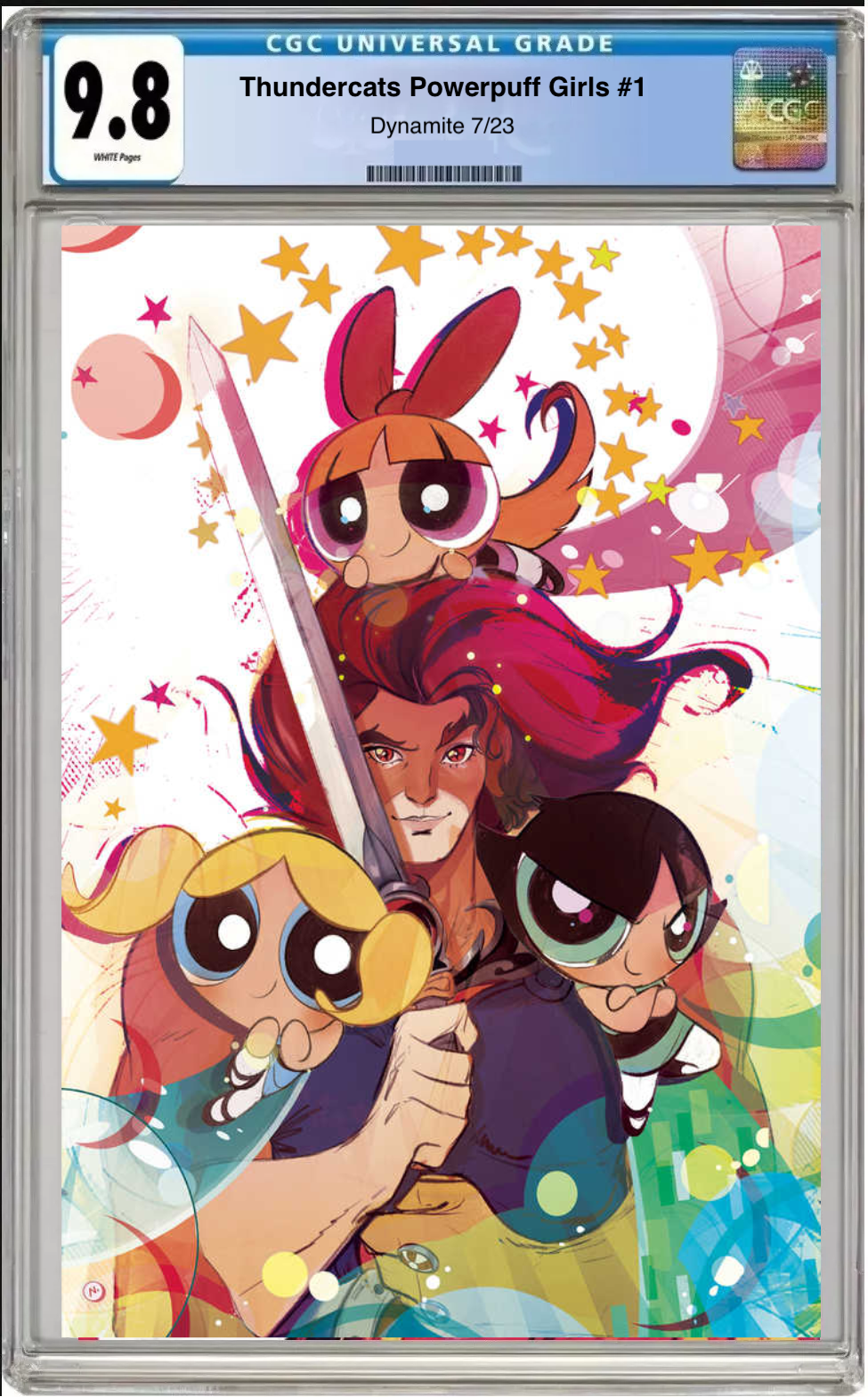 Comic book cover featuring Powerpuff Girls with CGC grading label. Thundercats Powerpuff Girls #1 CGC 9.8 Cover G 1:10 Ratio Variant comic front