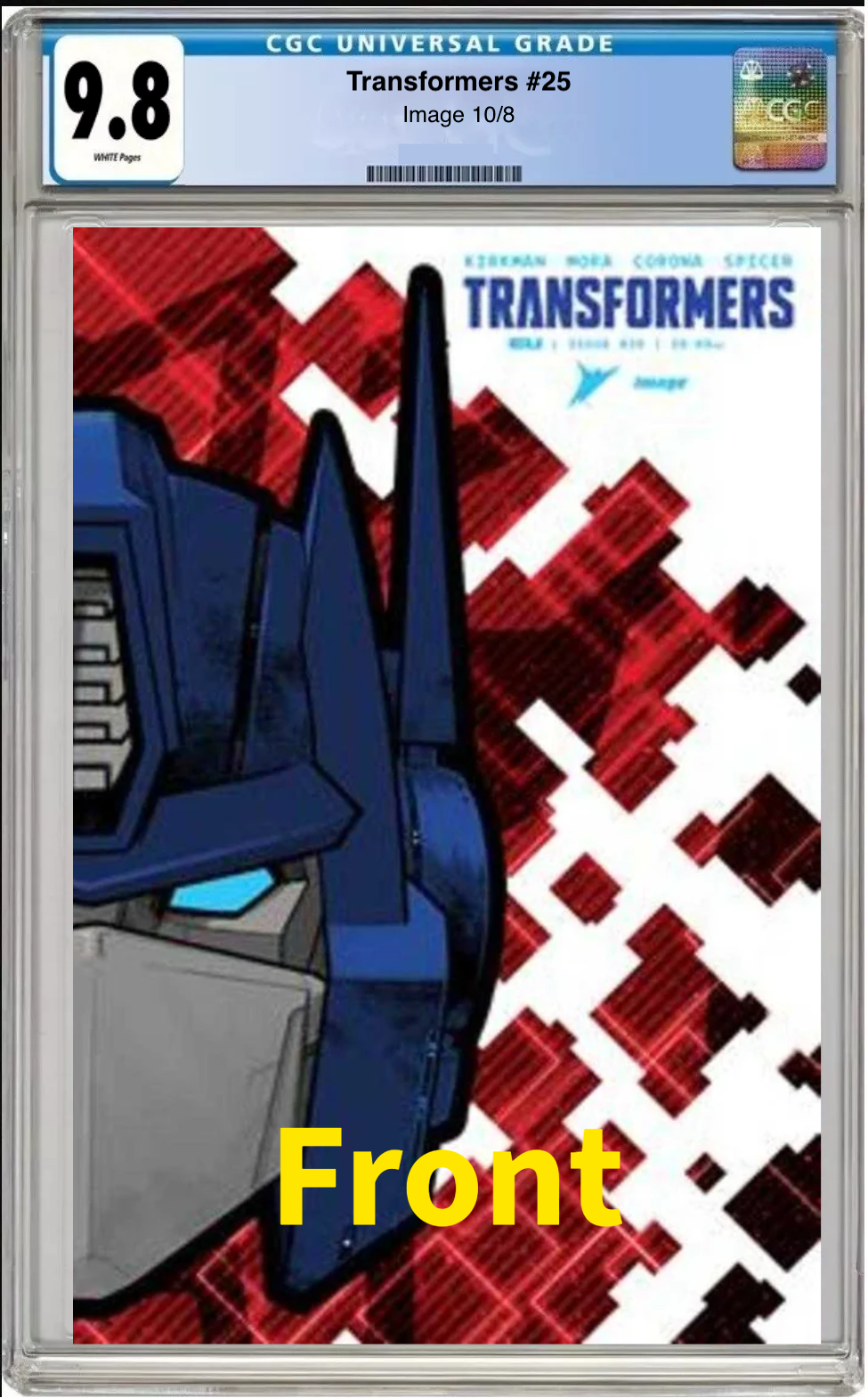 Comic book cover of Transformers #25 Foil Die-Cut Mask Cover with CGC grading label. front