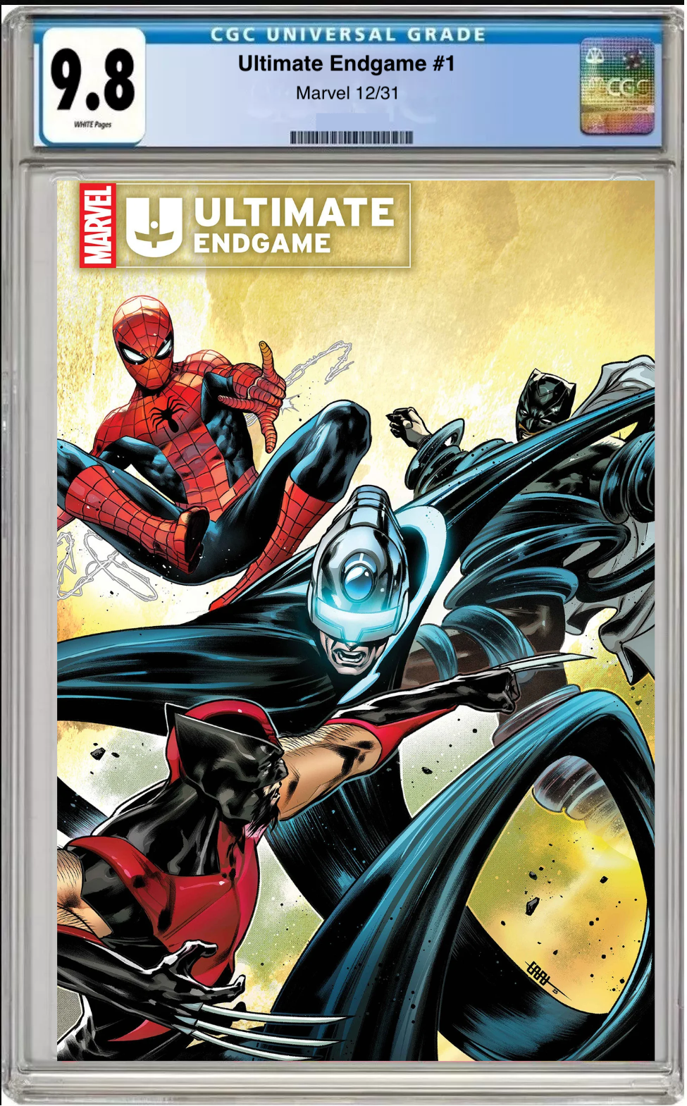 Comic book cover of Ultimate Endgame #1 Cafu Cover with CGC grading label.