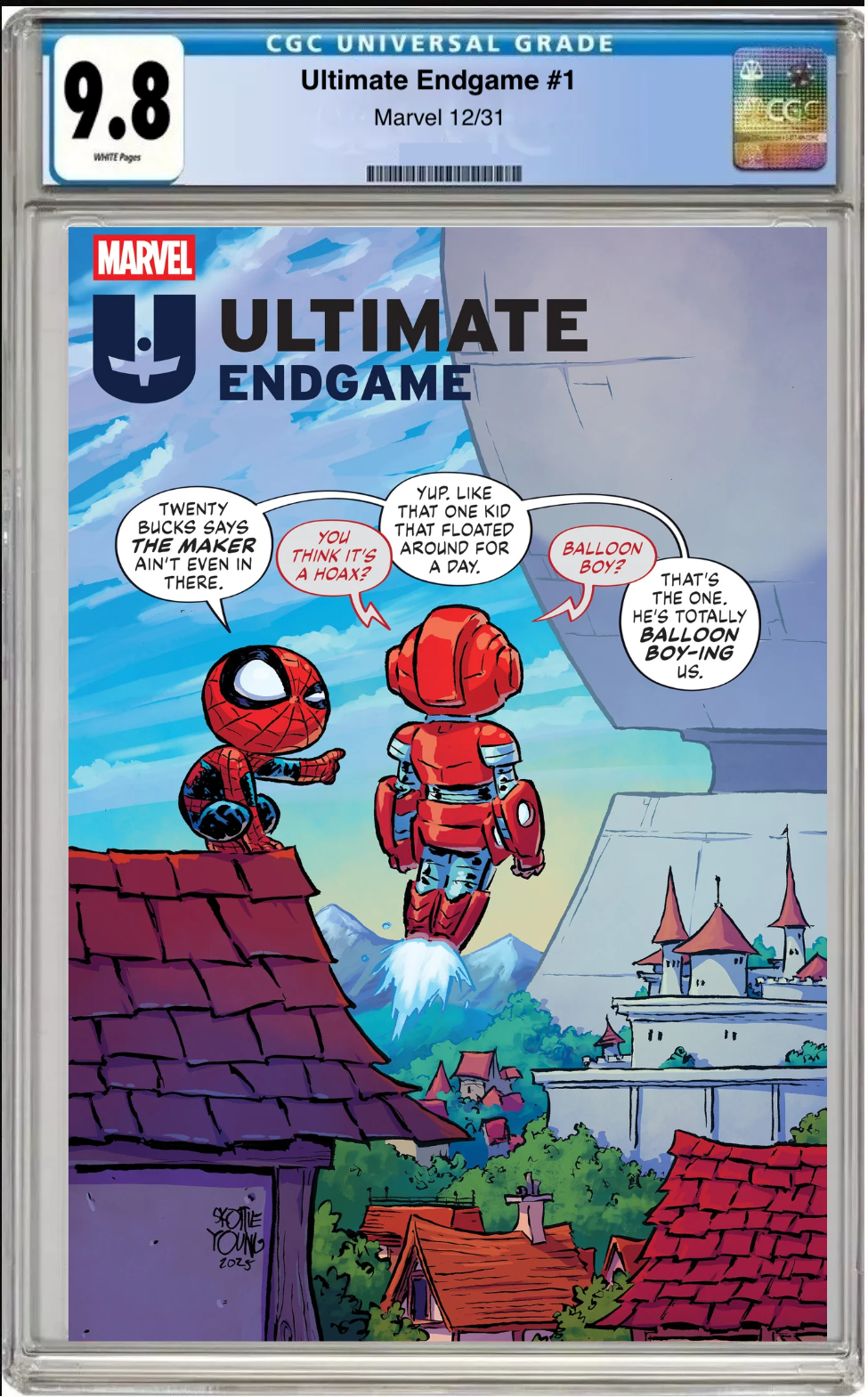 Comic book cover of Ultimate Endgame #1 Skottie Young Cover with CGC grading label.
