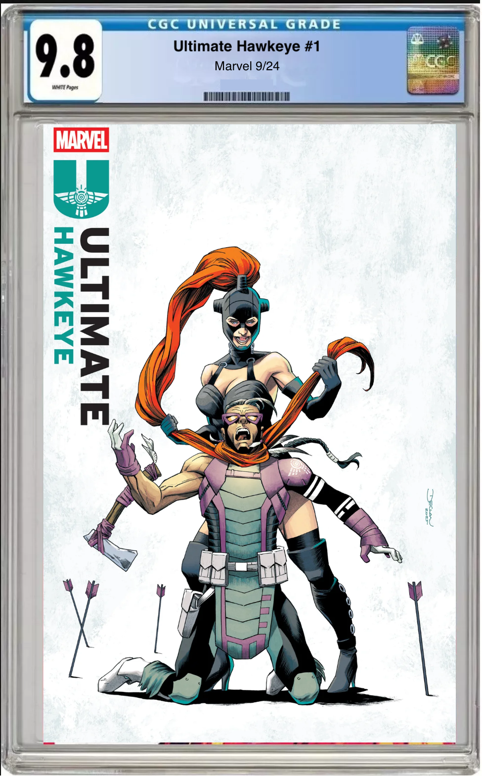 Comic book cover of Ultimate Hawkeye #1 Declan Shalvey Variant with CGC grading label