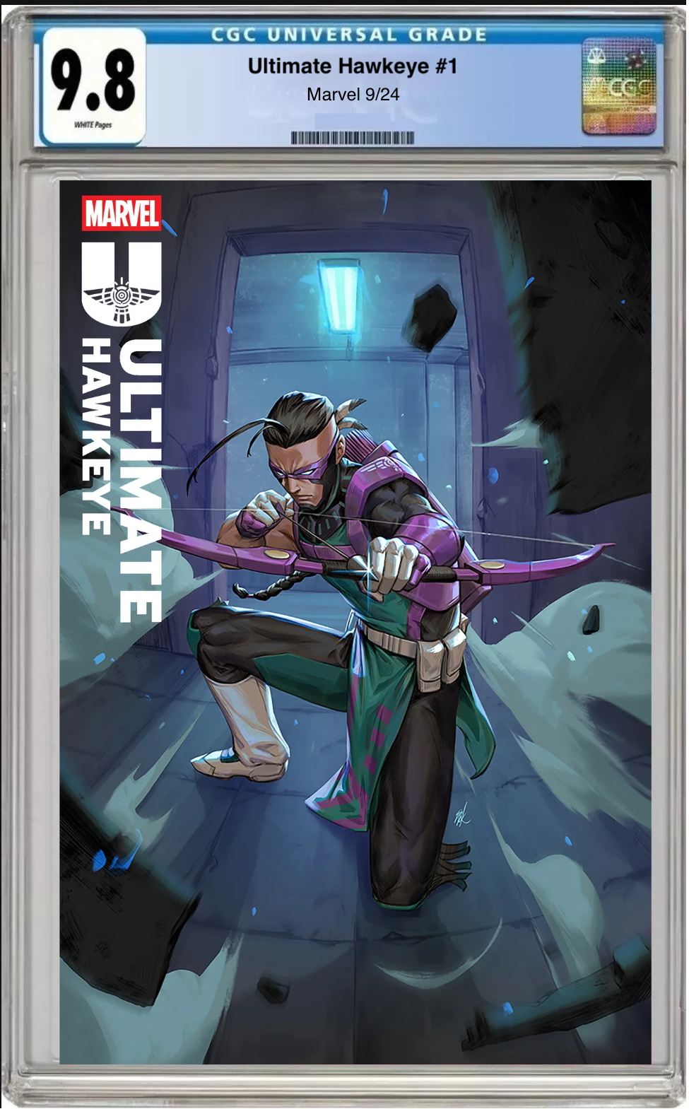 Comic book cover of Ultimate Hawkeye #1 Ejikure Local Comic Shop Day Variant with CGC 9.8 grading label.