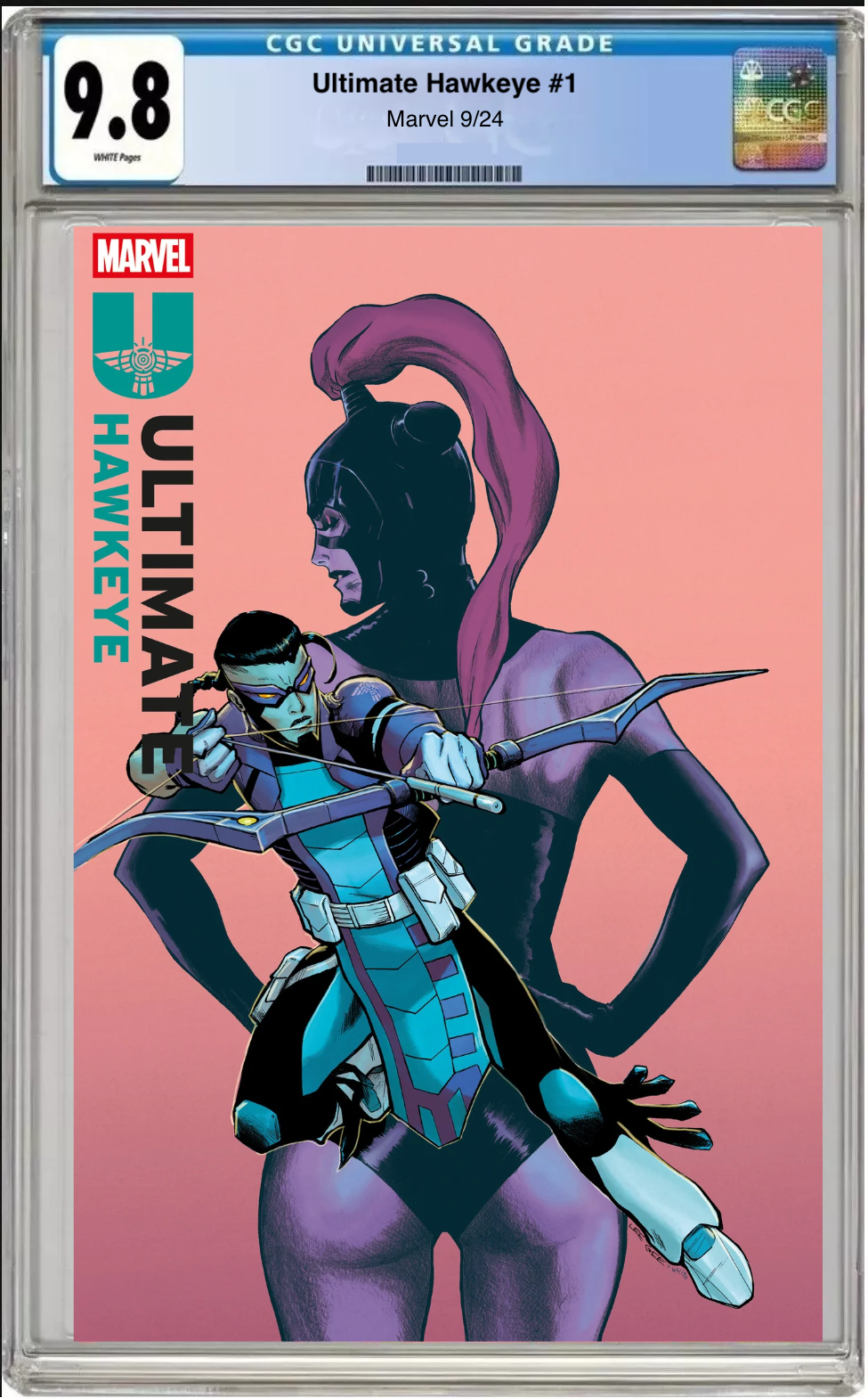 Comic book cover of Ultimate Hawkeye #1 Lee Garbett Cover with CGC 9.8 grading label.