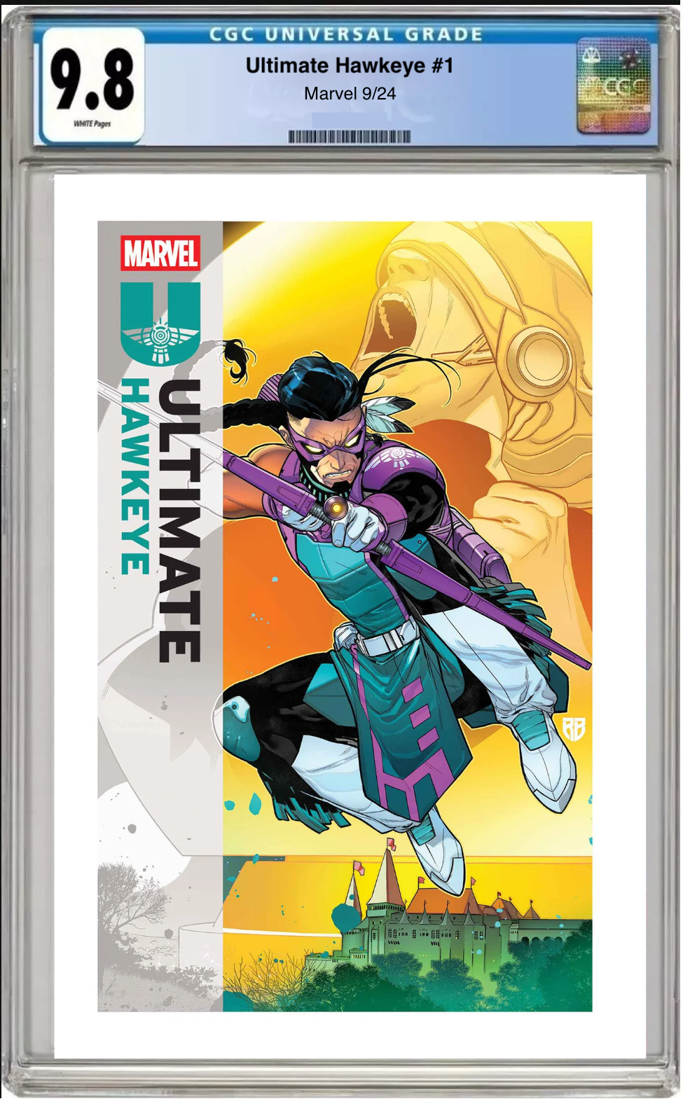 Comic book cover of Ultimate Hawkeye #1 Main Cover with CGC 9.8 grading label.