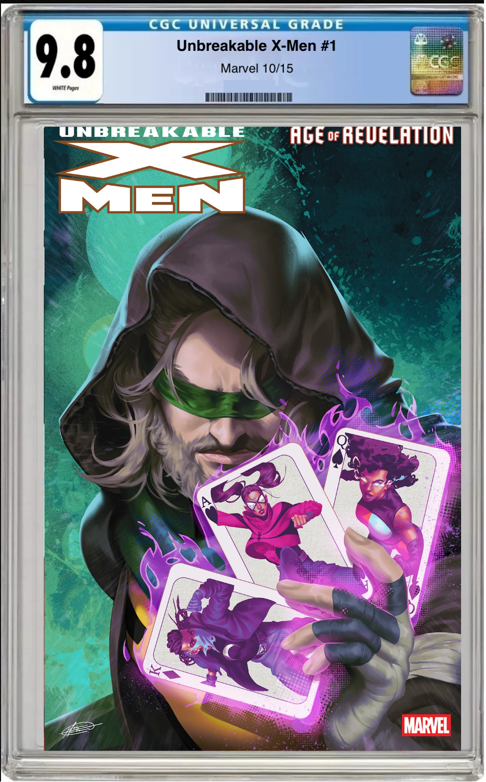 Comic book cover of Unbreakable X-Men #1 foil cover with CGC 9.8 grading label.