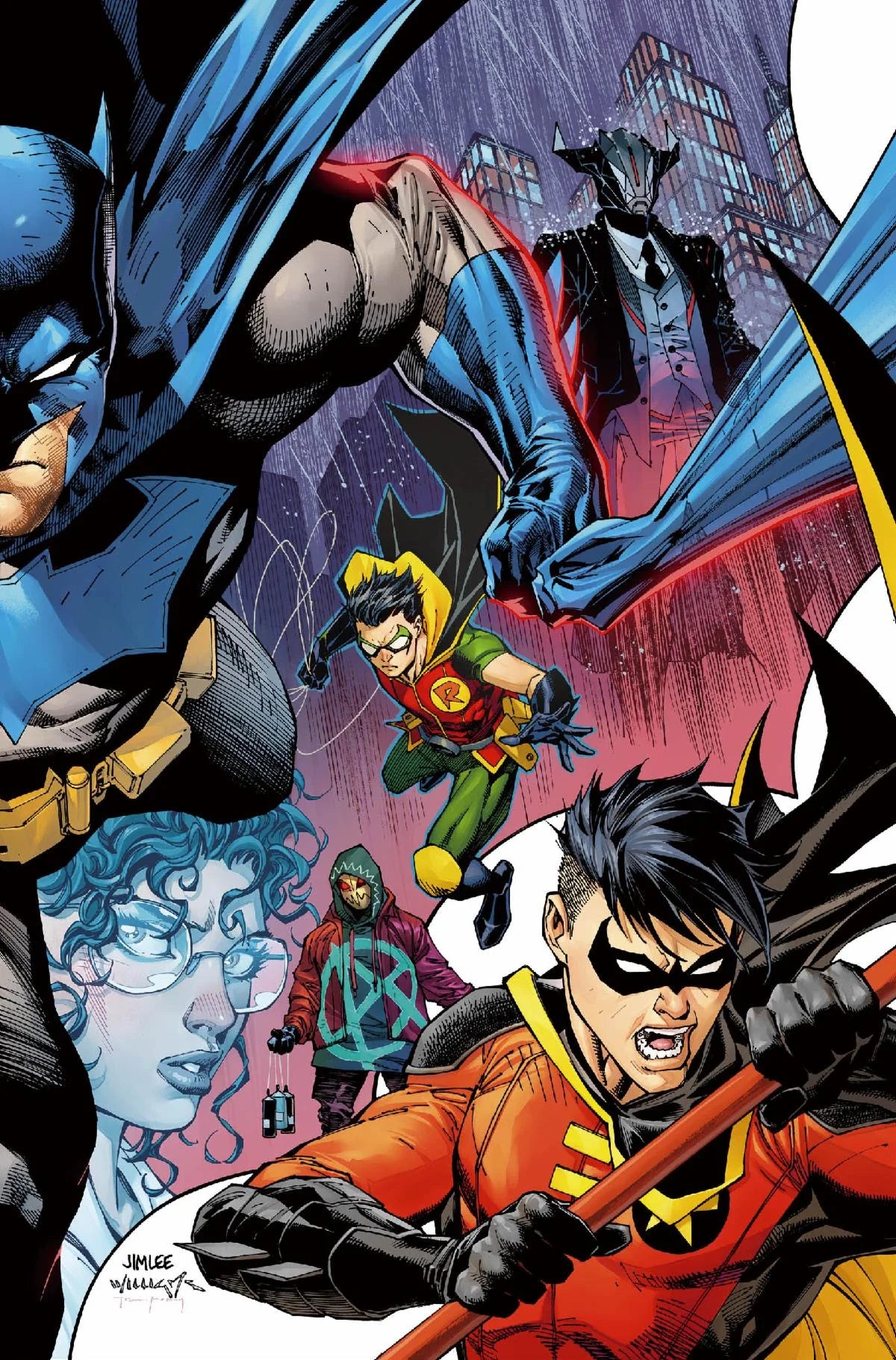 Comic book cover featuring superhero characters in action poses with a cityscape background.