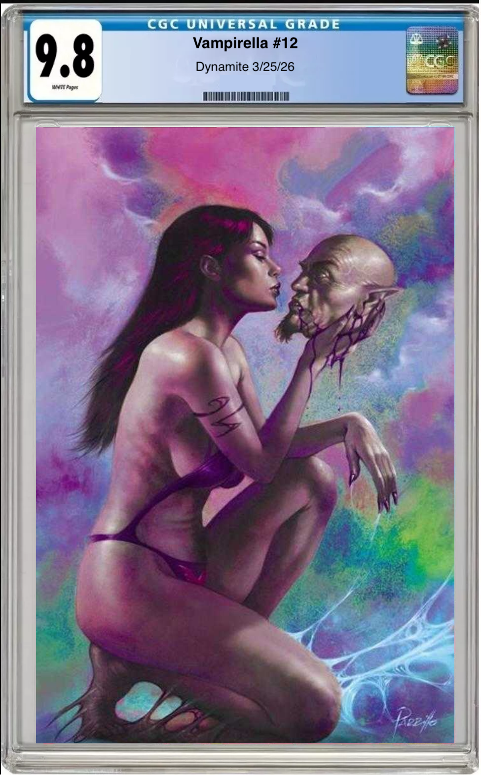 Comic book cover of Vampirella #12 1:10 Lucio Parrillo Ultraviolet Full Art Cover with CGC grading label.