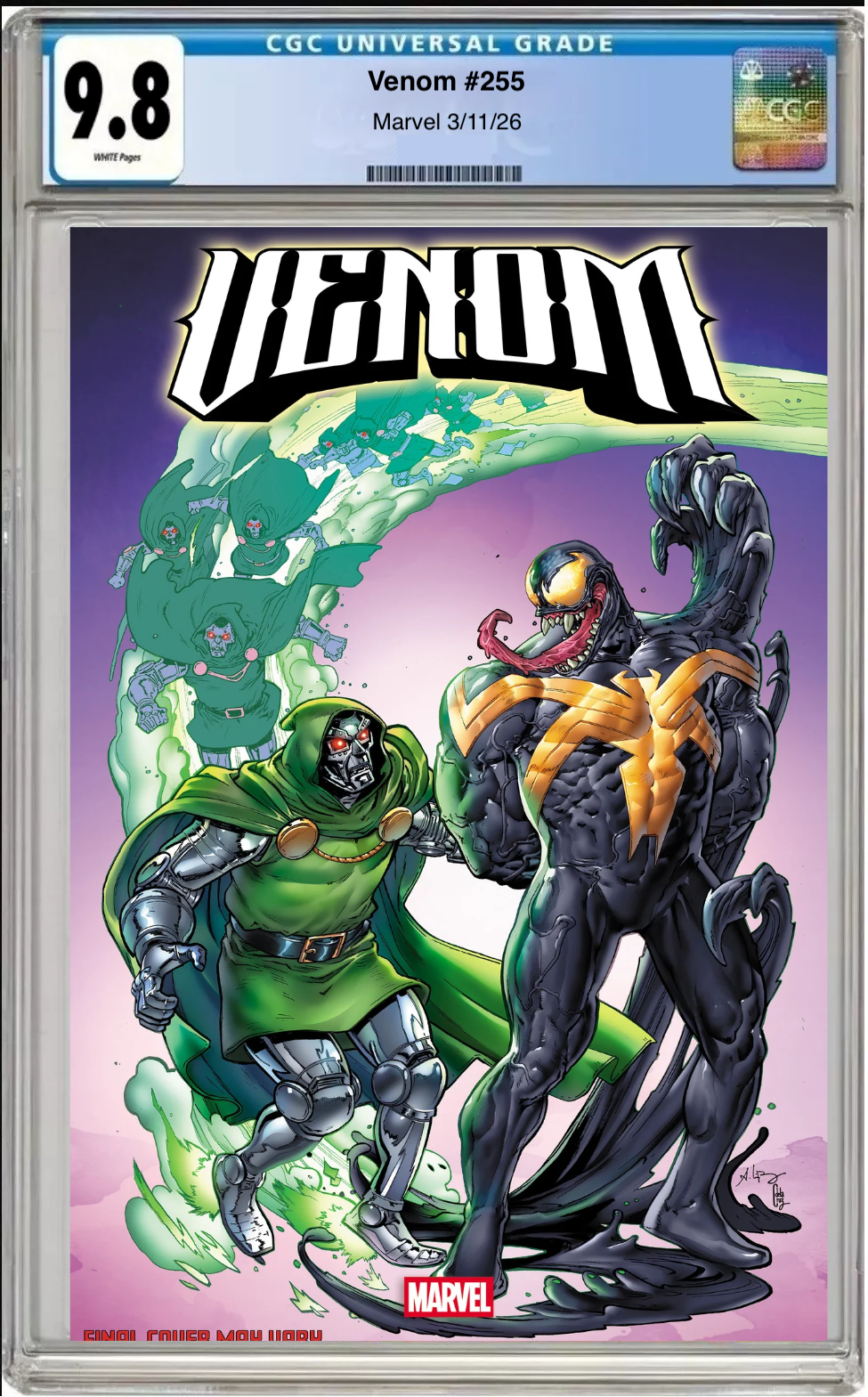 Comic book cover of Venom #255 Andrei Bressan Doom Homage Cover with CGC grading label.