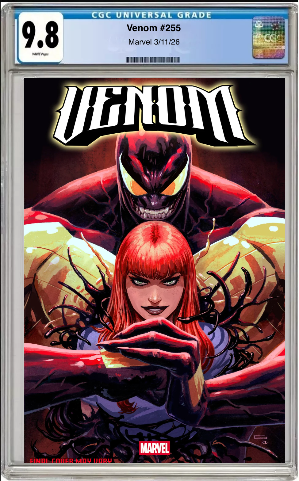 Comic book cover of Venom #255 German Peralta Cover with CGC grading label.
