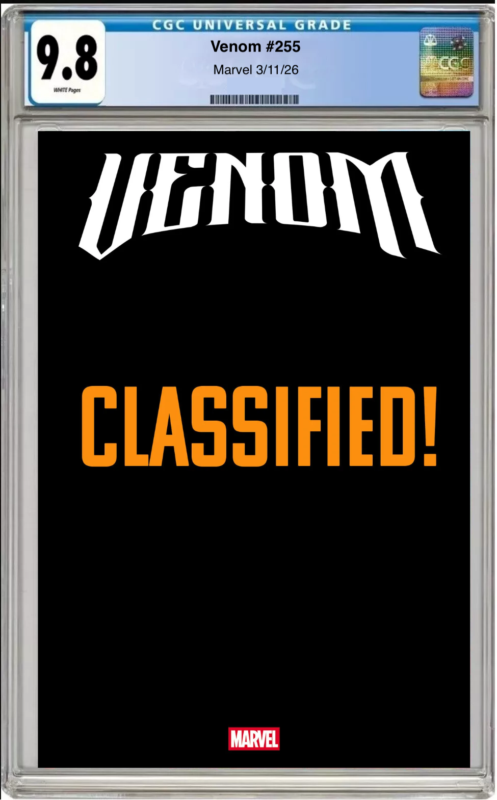 Comic book cover of Venom #255 Mark Bagley Classified Target Cover with CGC grading label.