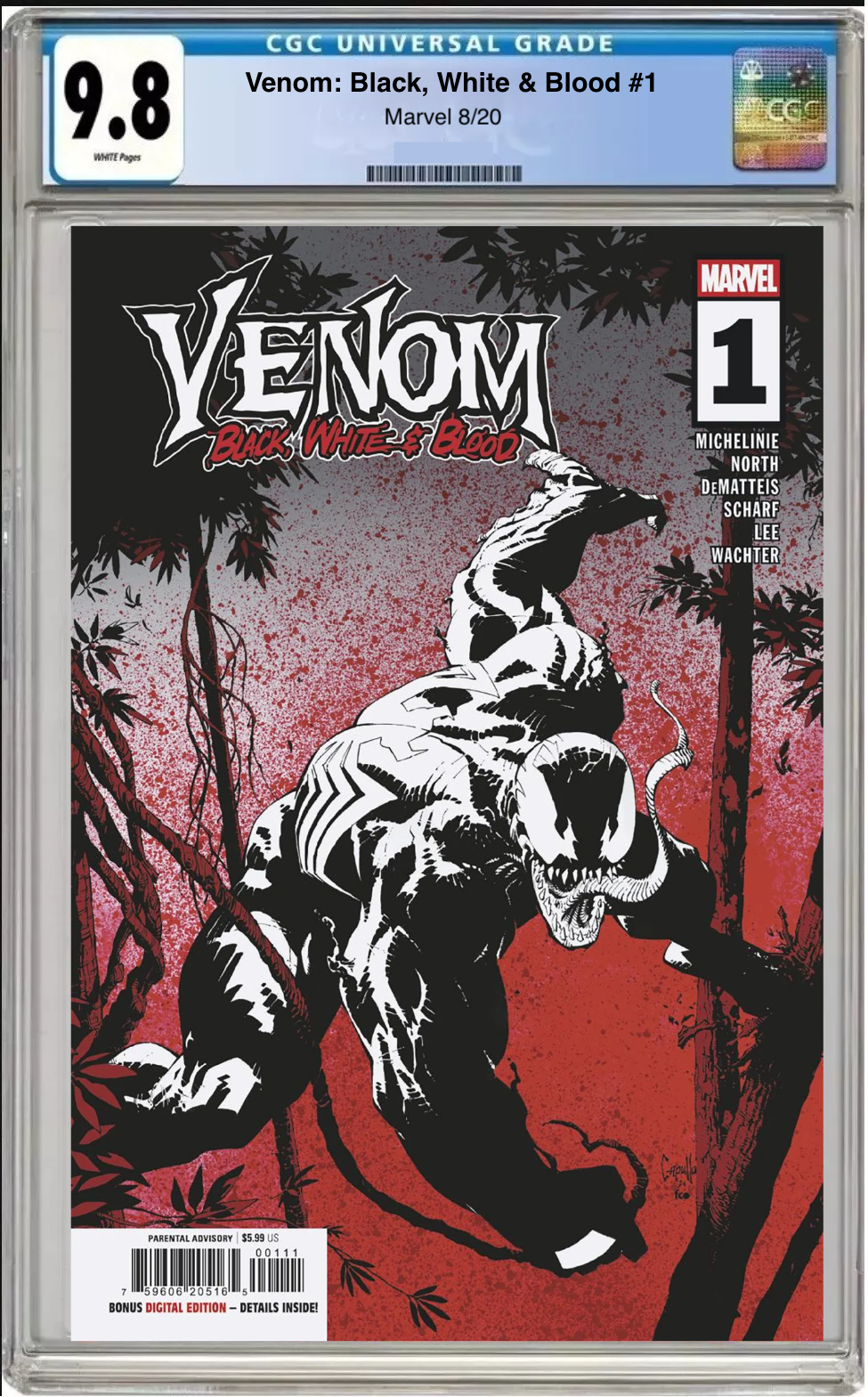 Comic book cover of Venom: Black, White, and Red #1 Main Cover with CGC grading label.