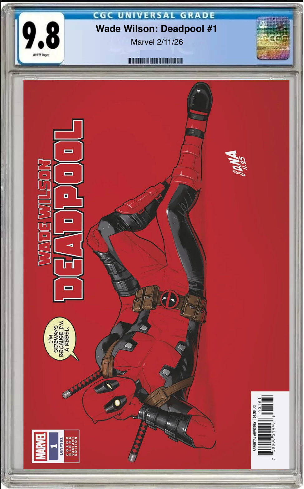 Comic book cover of Wade Wilson: Deadpool #1 David Nakayama Color Block Red Cover with CGC grading label.
