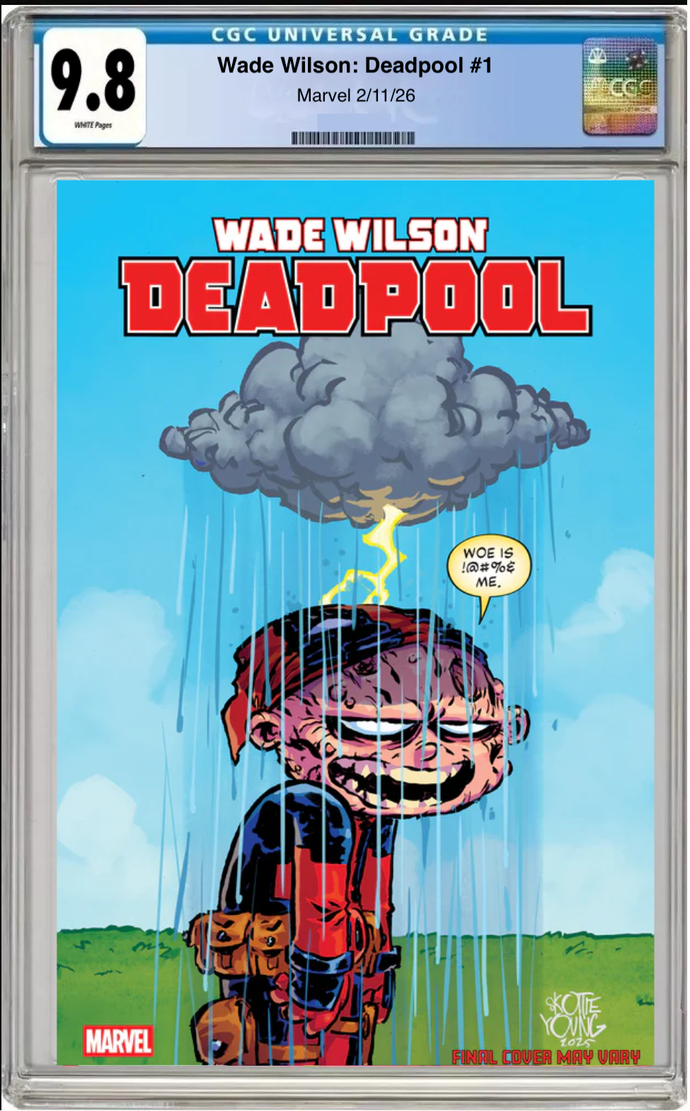 Comic book cover of Wade Wilson: Deadpool #1 Skottie Young Cover with CGC grading label.