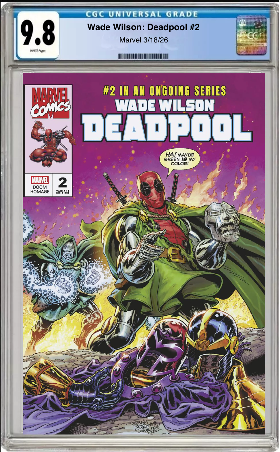 Comic book cover of Wade Wilson: Deadpool #2 Ian Churchill Doom Homage Cover with CGC grading label.