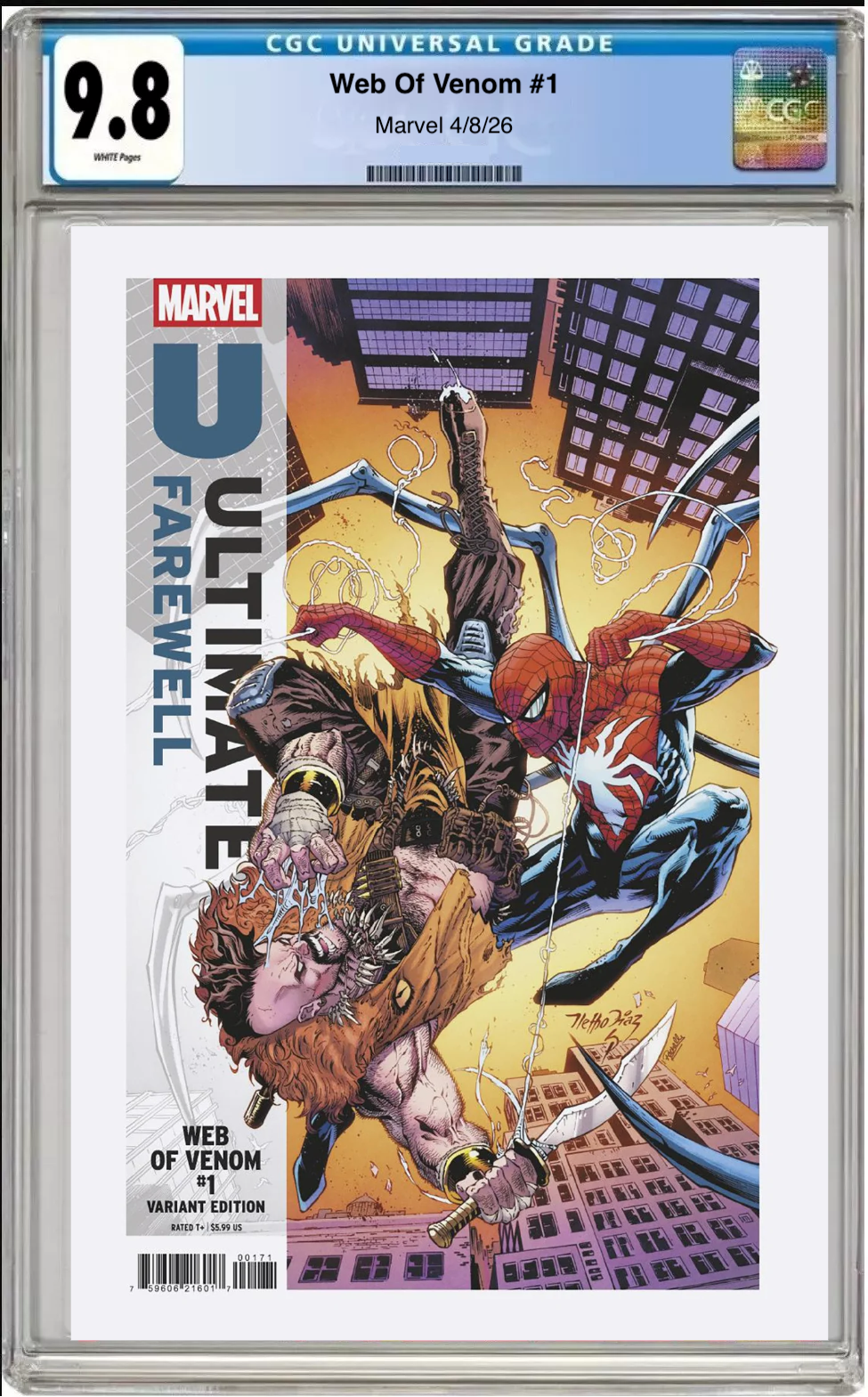 Comic book cover of Web of Venom #1 Netho Diaz Ultimate Farewell Cover with CGC grading label.