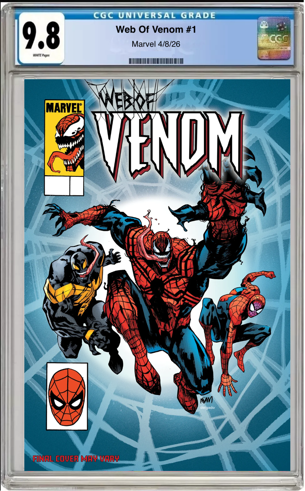 Comic book cover of Web of Venom #1 Adam Gorham Homage Cover with CGC grading label.